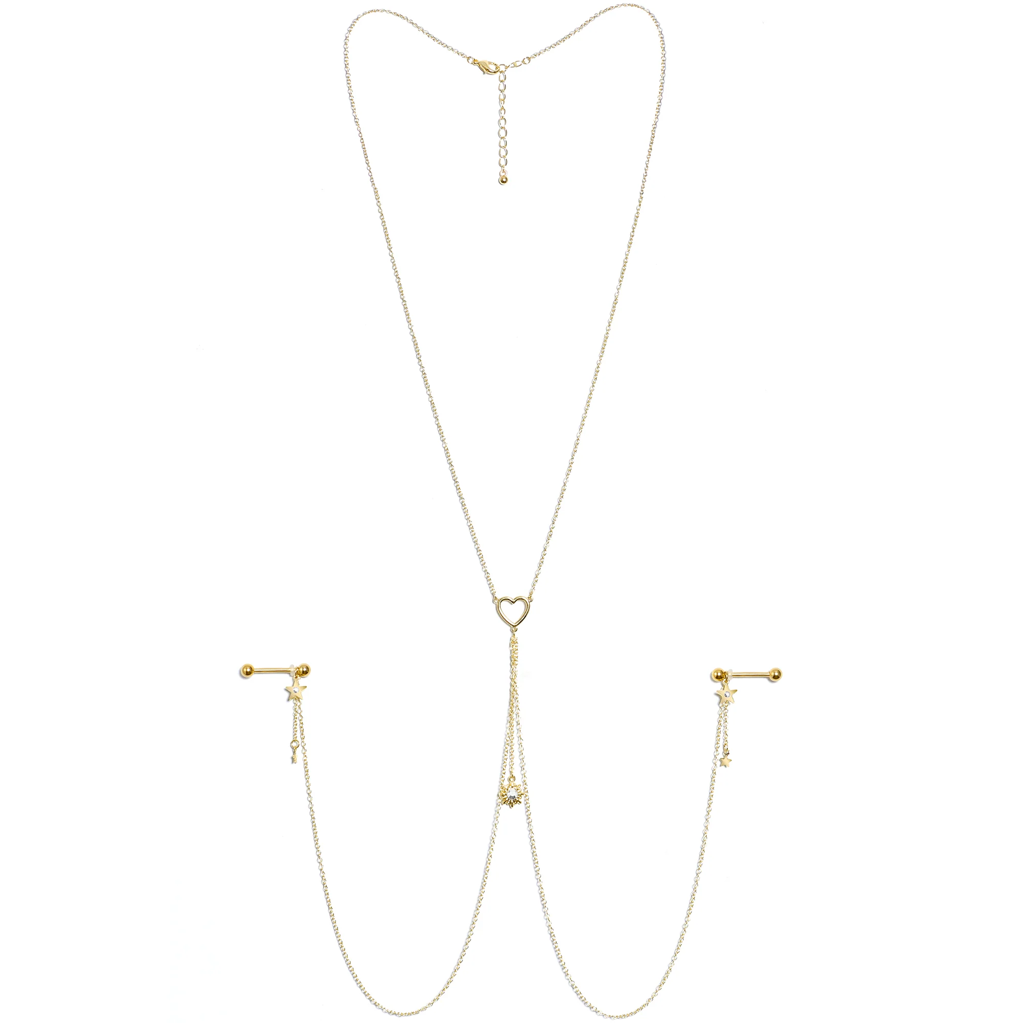 14G 5/8 Clear Gem Gold Tone Sun Heart Star Nipple Chain Necklace - Image 6