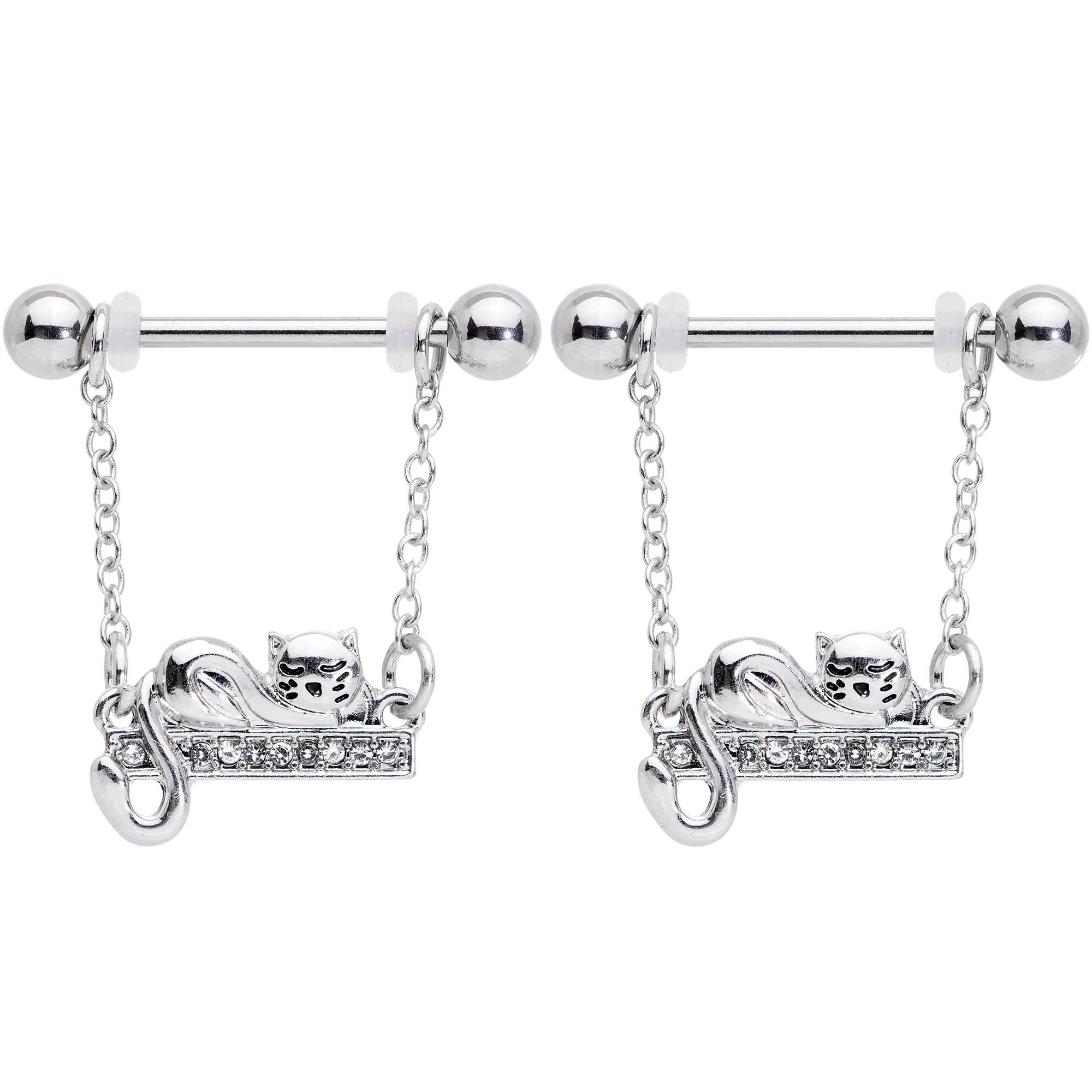 14G 5/8 Clear Gem Nap Cat Dangle Nipple Ring Set - Image 2