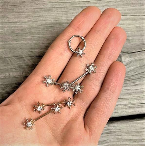 14G 5/8 Clear Gem Rose Gold Hue Snowflake Barbell Nipple Ring Set - Image 4