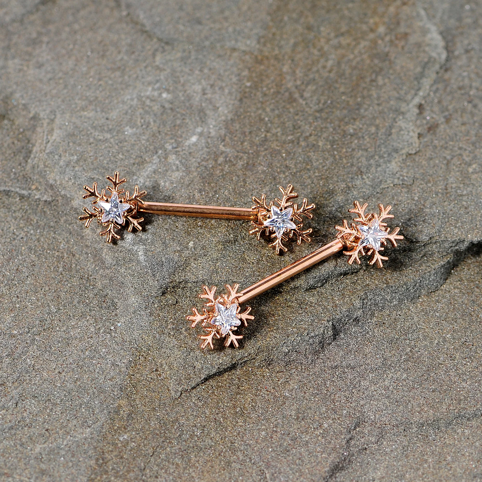 14G 5/8 Clear Gem Rose Gold Hue Snowflake Barbell Nipple Ring Set - Image 6