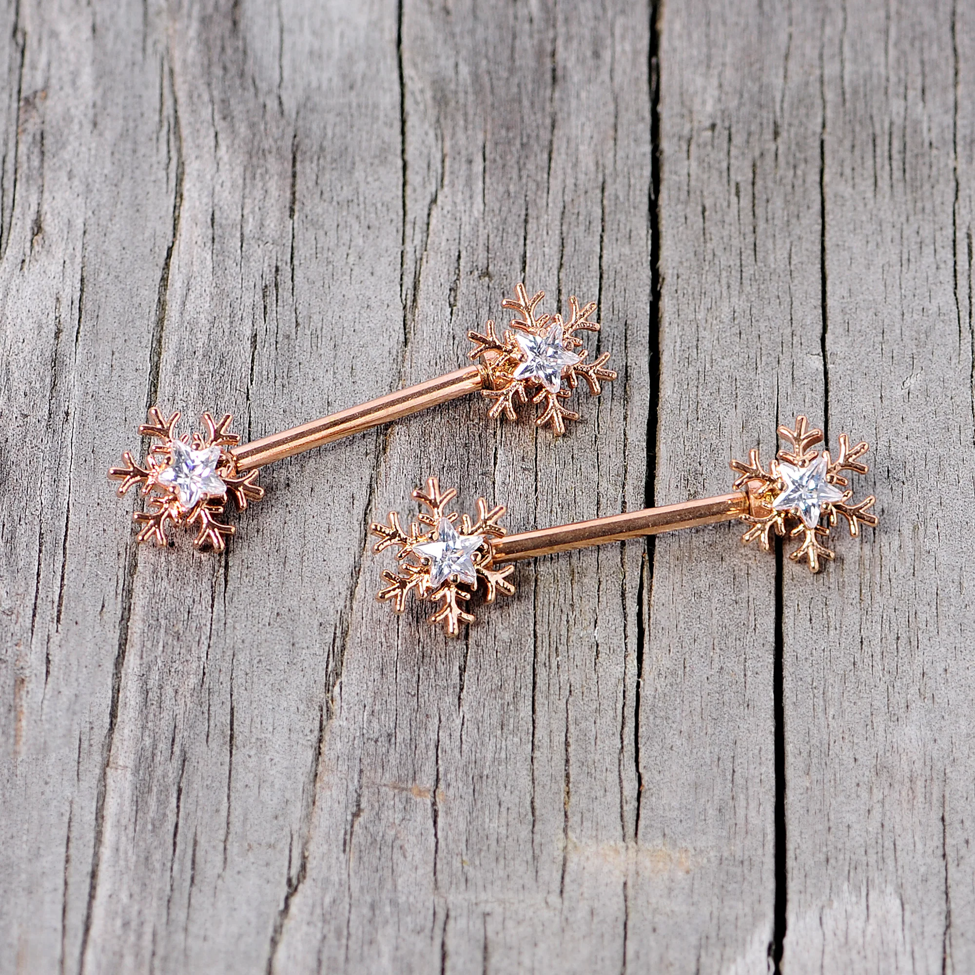 14G 5/8 Clear Gem Rose Gold Hue Snowflake Barbell Nipple Ring Set - Image 7