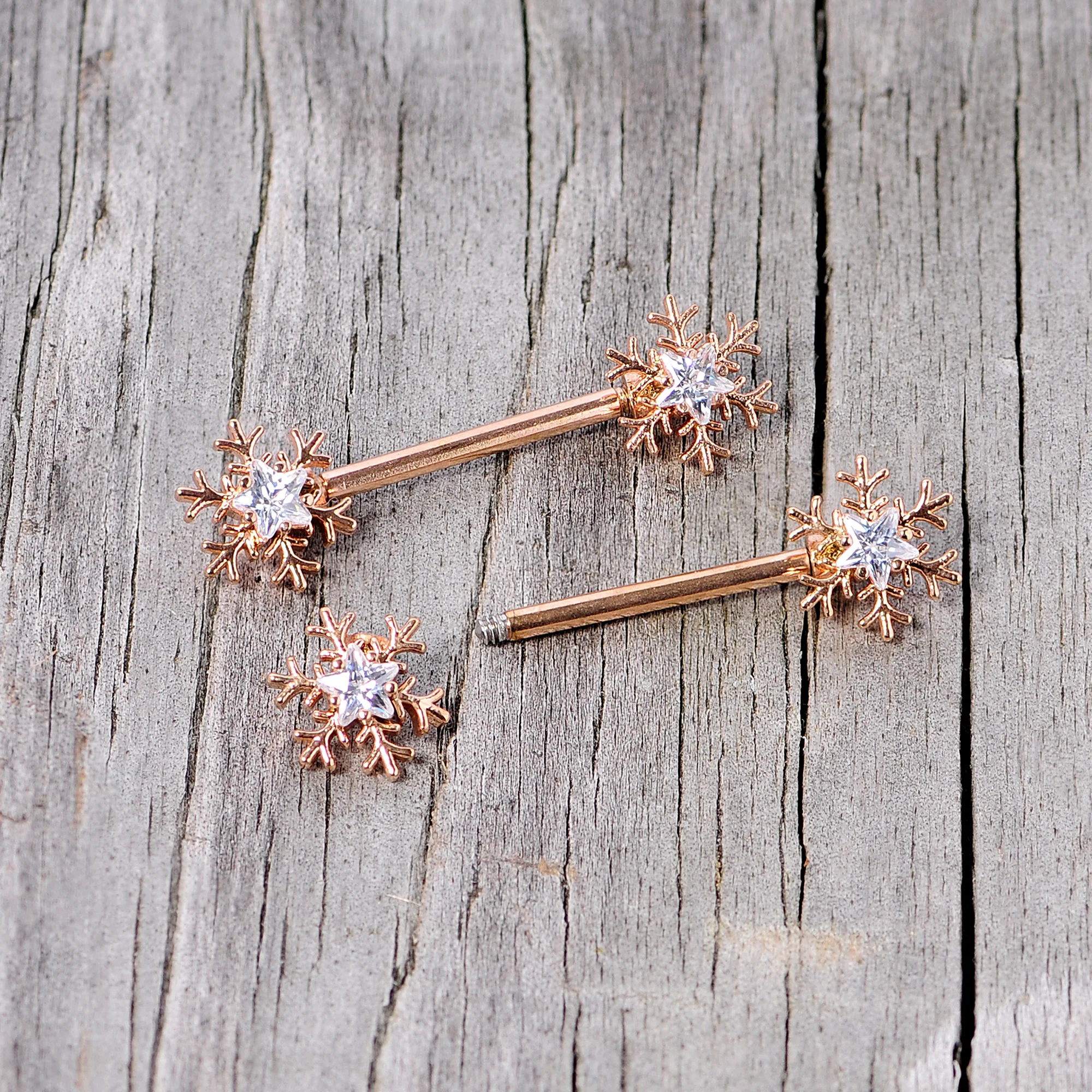 14G 5/8 Clear Gem Rose Gold Hue Snowflake Barbell Nipple Ring Set - Image 8