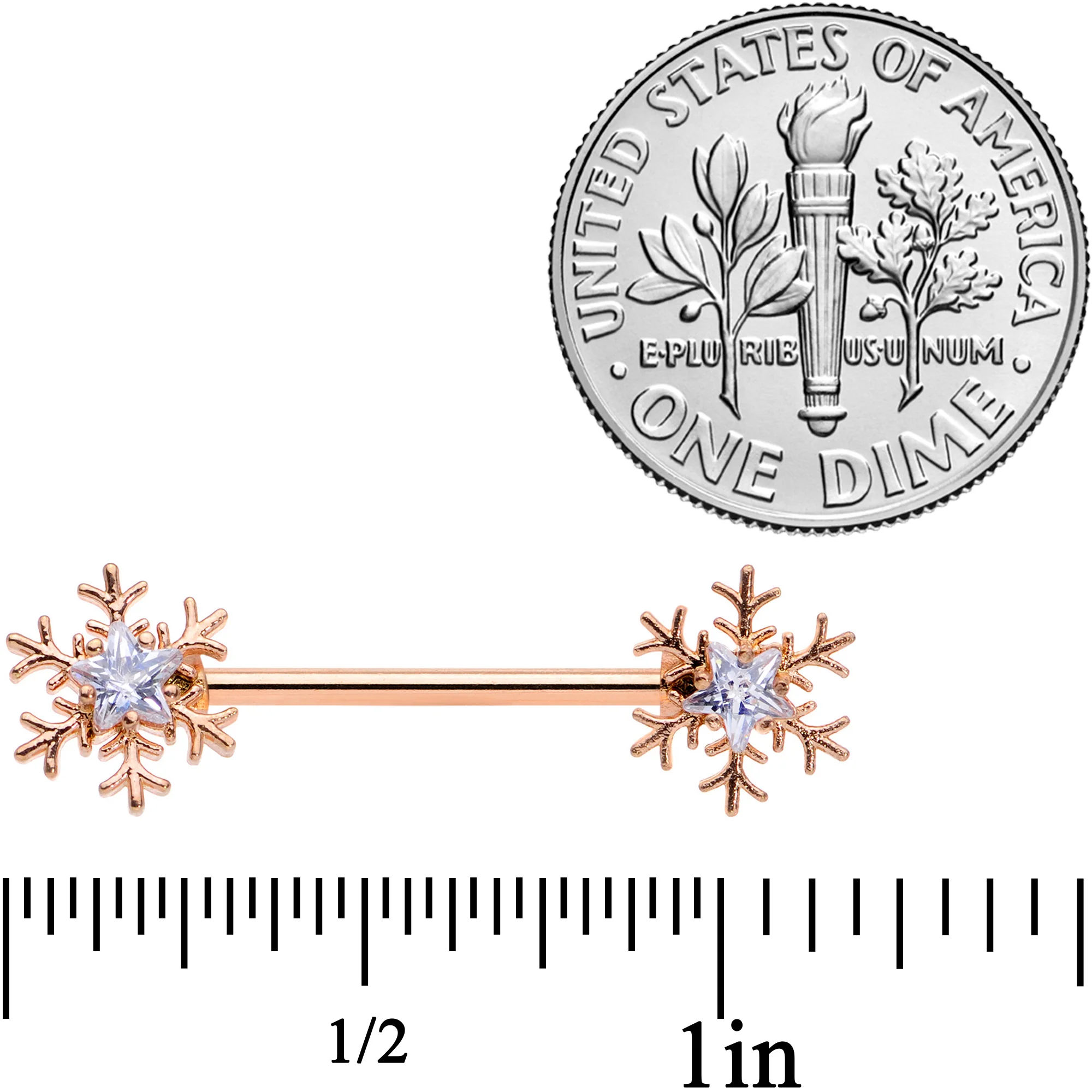 14G 5/8 Clear Gem Rose Gold Hue Snowflake Barbell Nipple Ring Set - Image 9