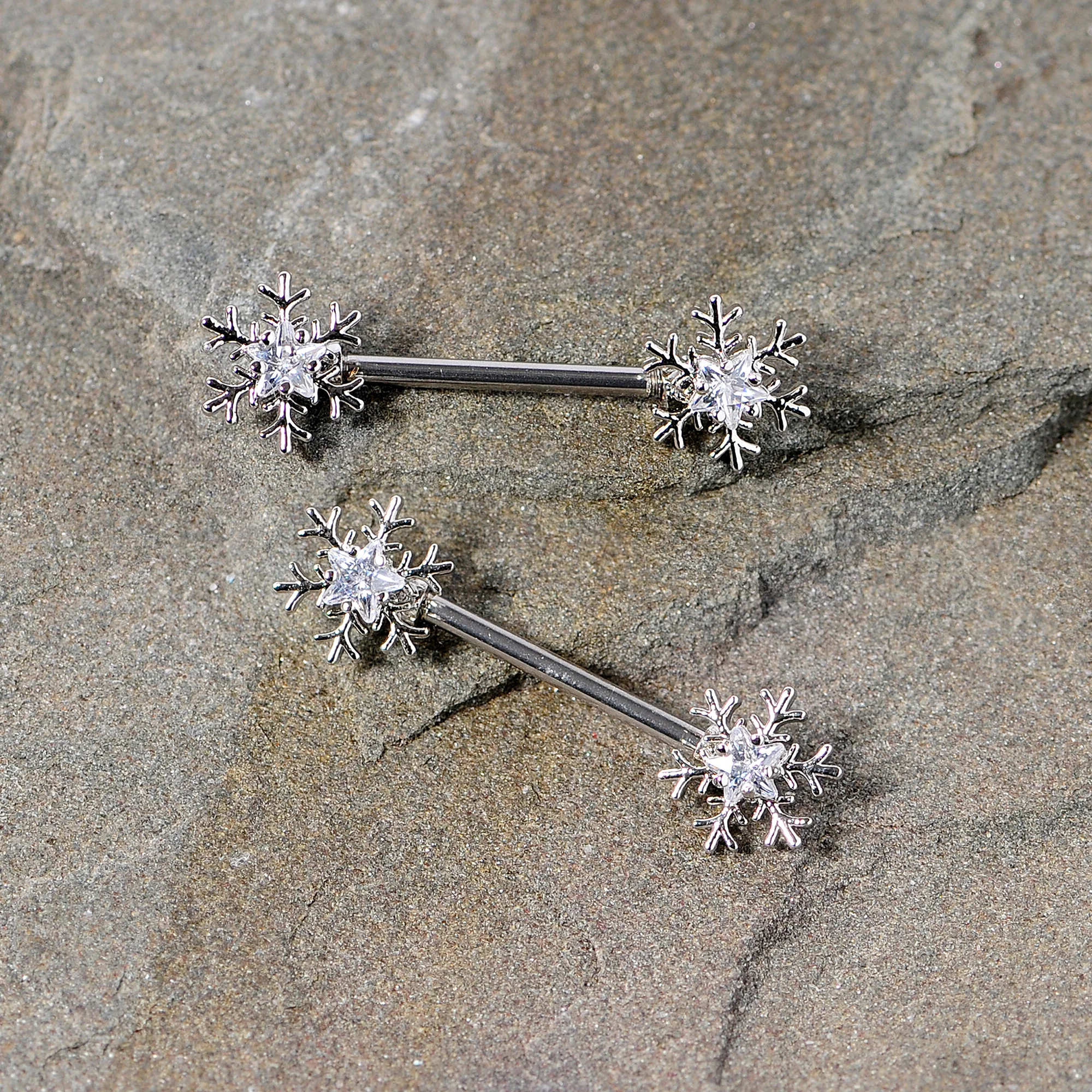 14G 5/8 Clear Gem Snowflake Barbell Nipple Ring Set - Image 5