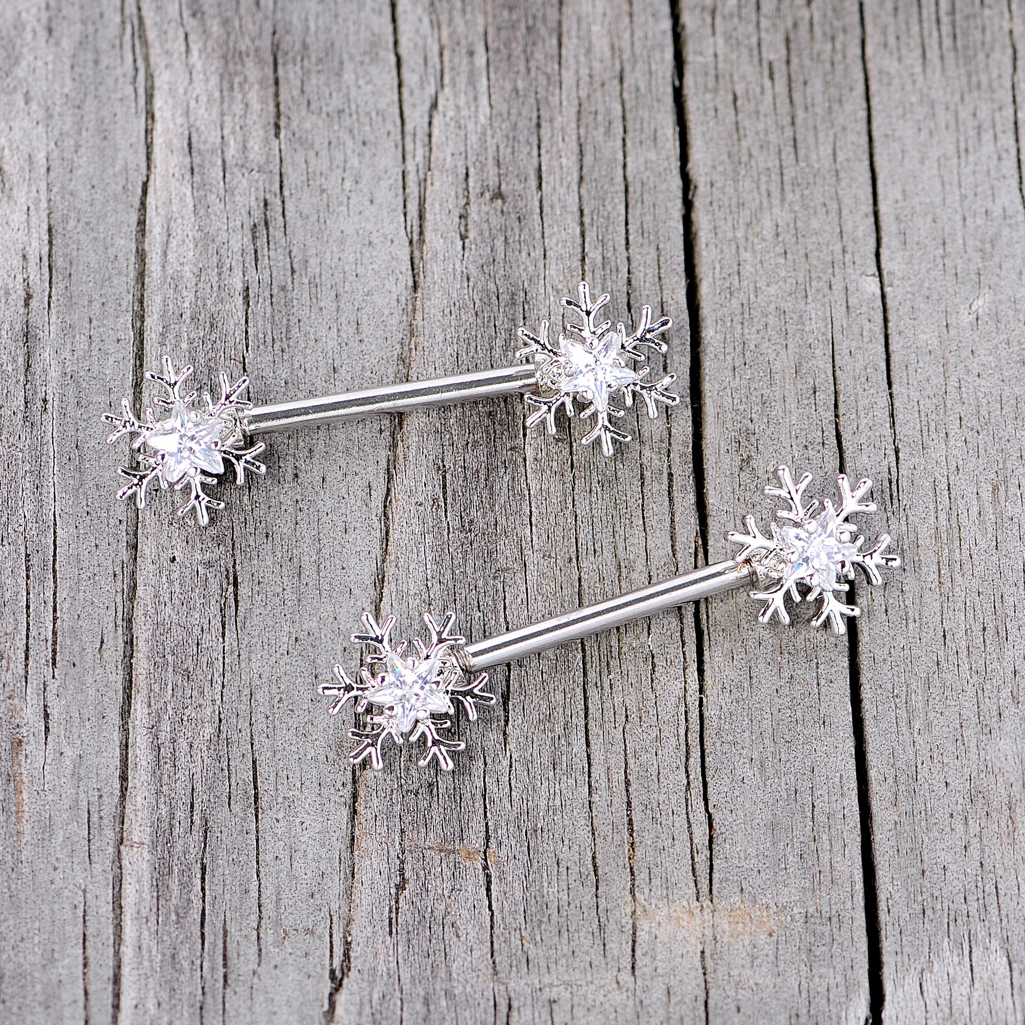 14G 5/8 Clear Gem Snowflake Barbell Nipple Ring Set - Image 6