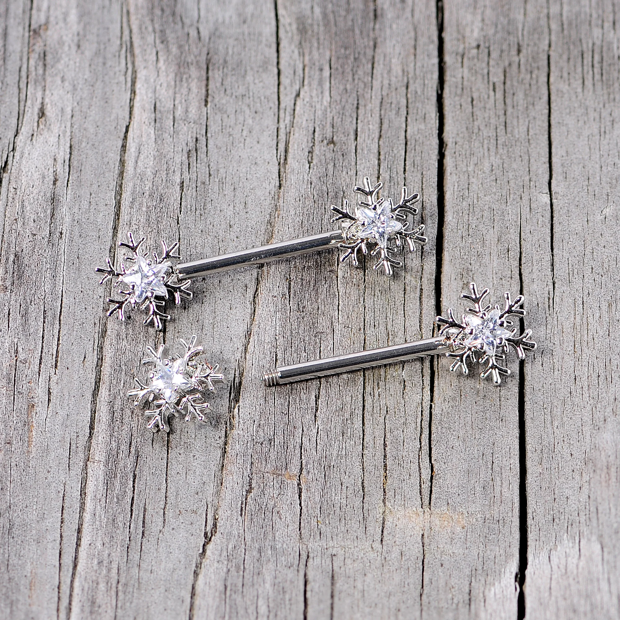 14G 5/8 Clear Gem Snowflake Barbell Nipple Ring Set - Image 7