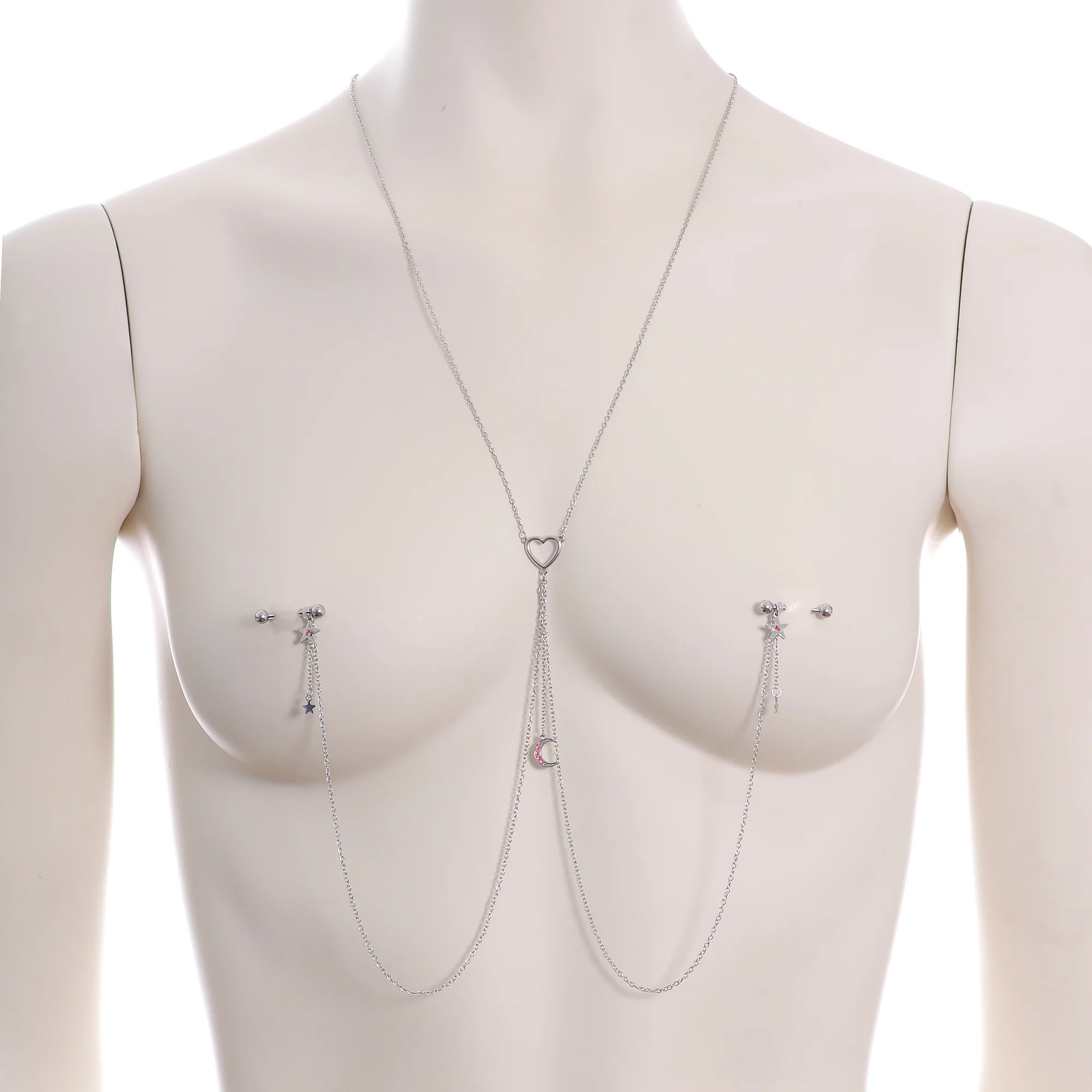 14G 5/8 Pink Gem Moon Heart Star Nipple Chain Necklace - Image 2