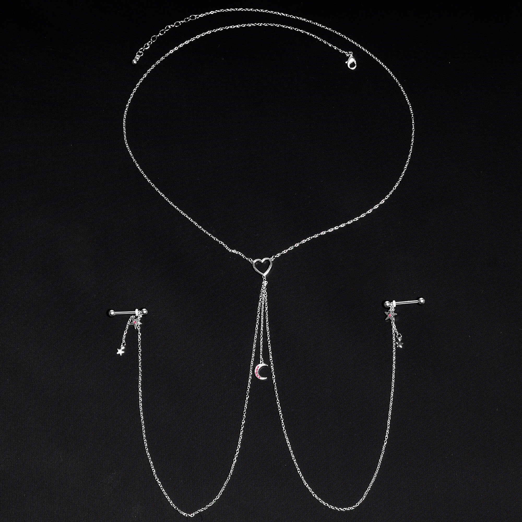 14G 5/8 Pink Gem Moon Heart Star Nipple Chain Necklace - Image 3