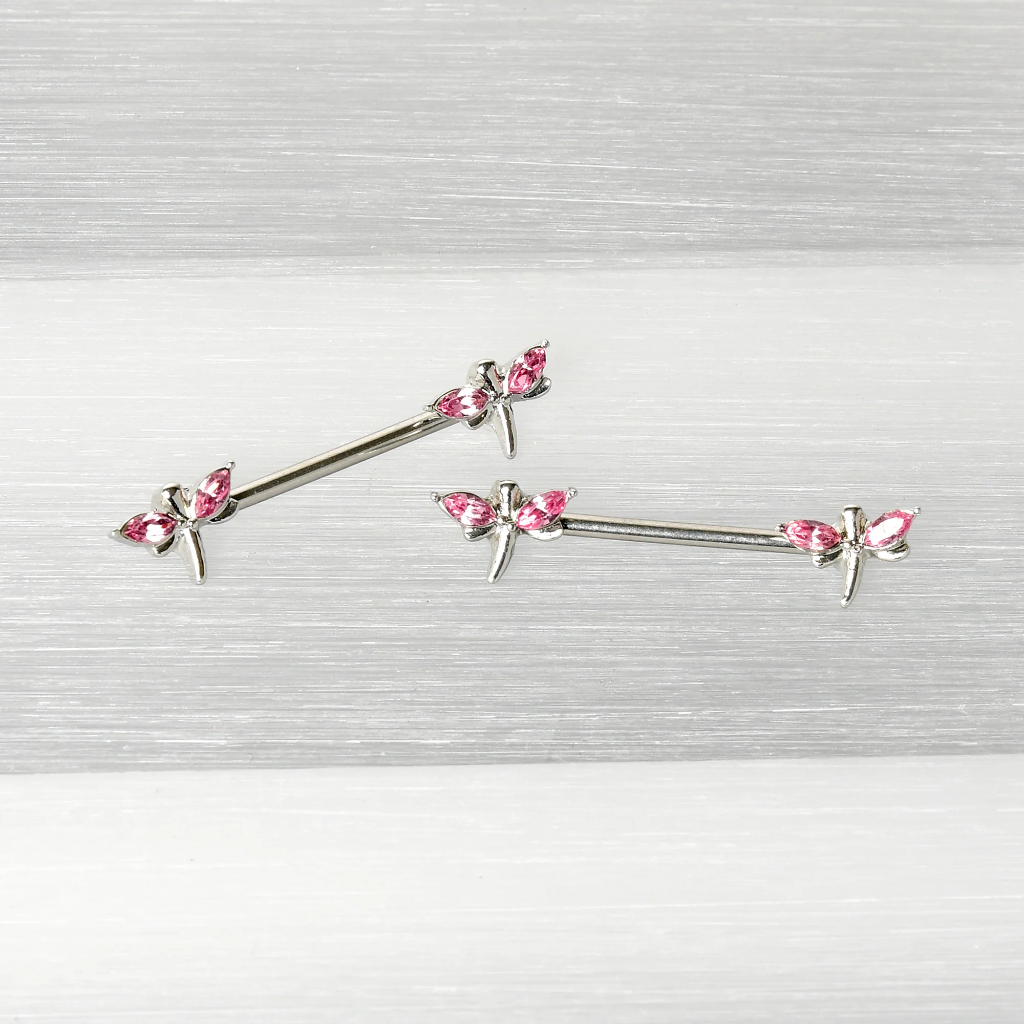 14G 5/8 Pink Gem Simple Styled Dragonfly Barbell Nipple Ring Set - Image 5