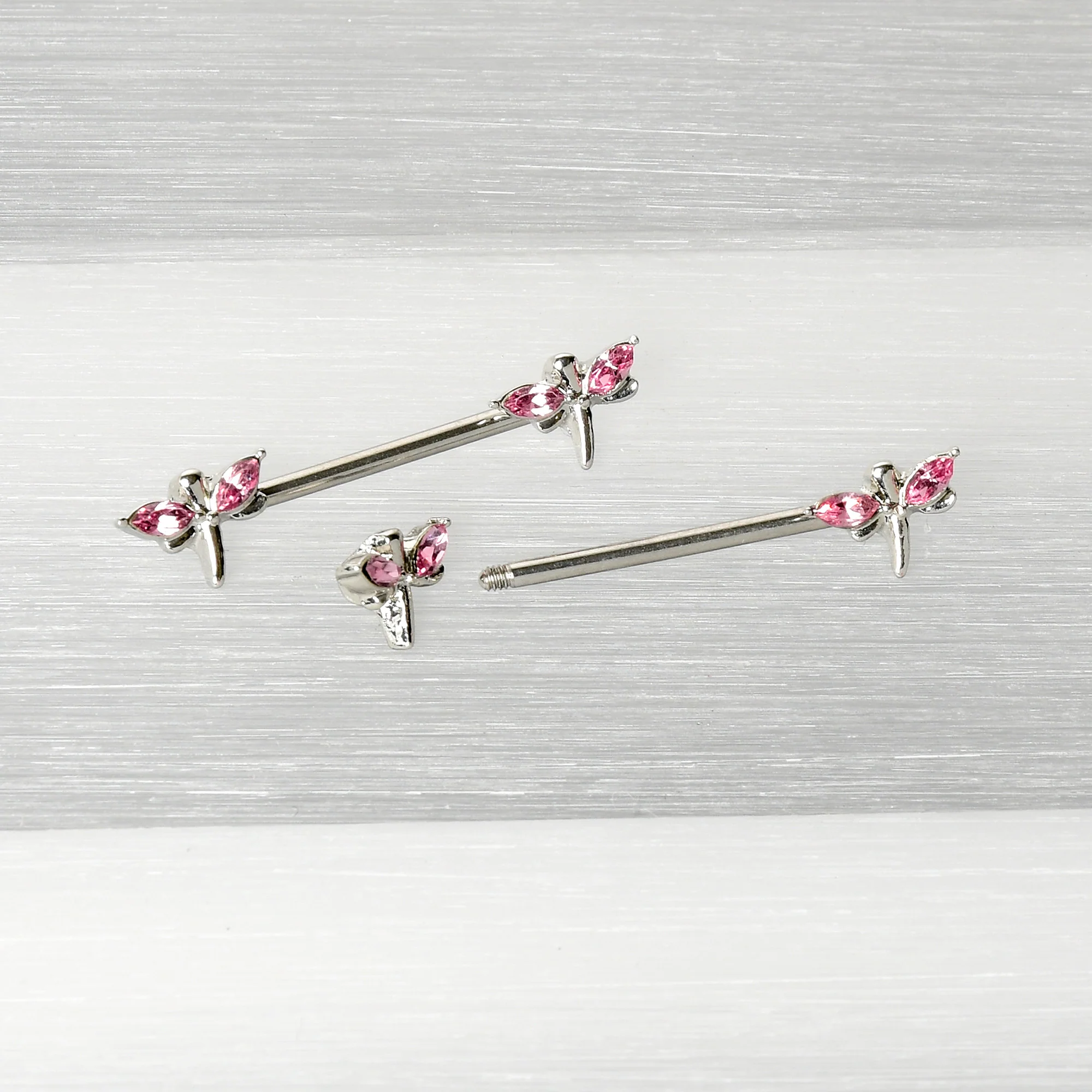 14G 5/8 Pink Gem Simple Styled Dragonfly Barbell Nipple Ring Set - Image 6