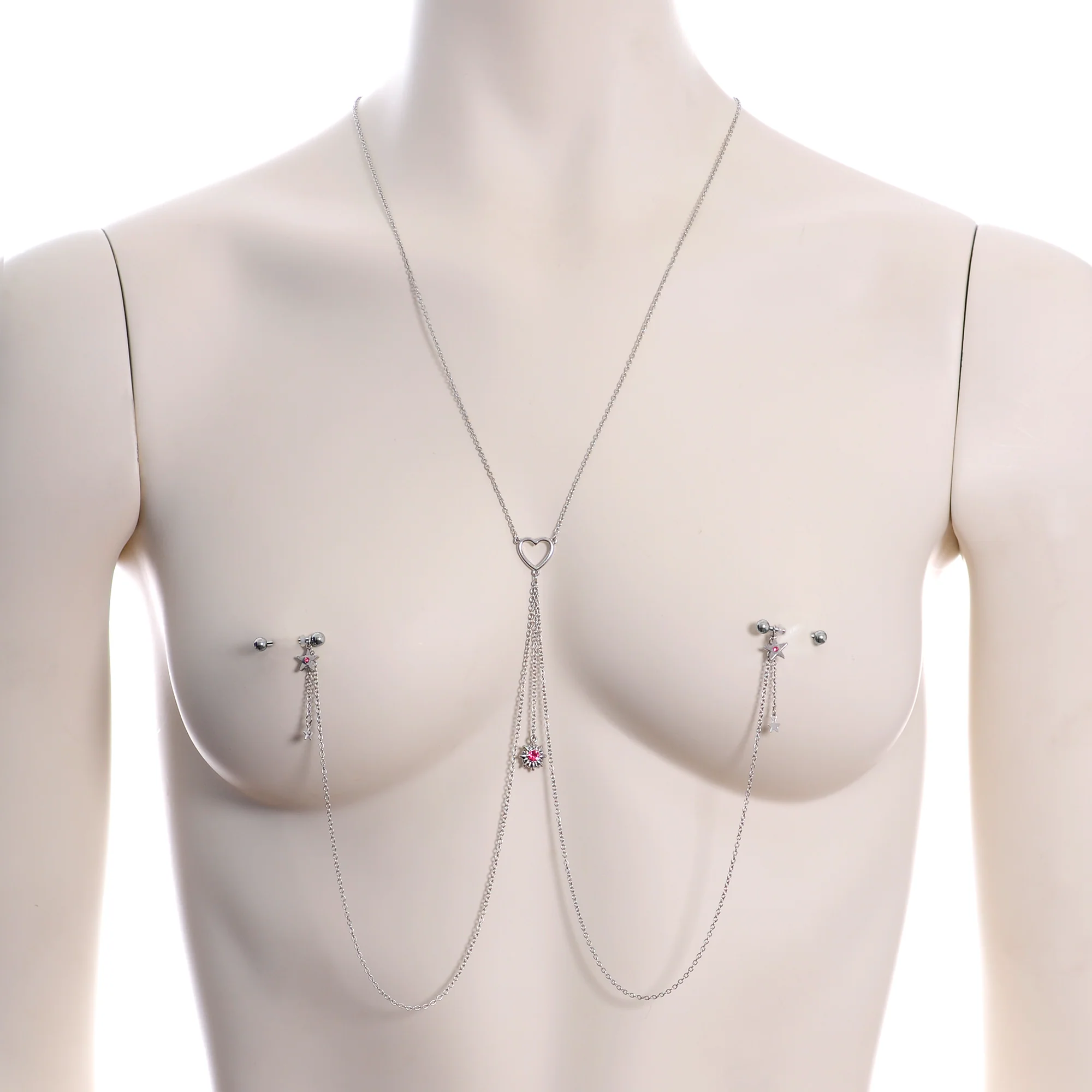 14G 5/8 Pink Gem Sun Heart Star Nipple Chain Necklace - Image 2