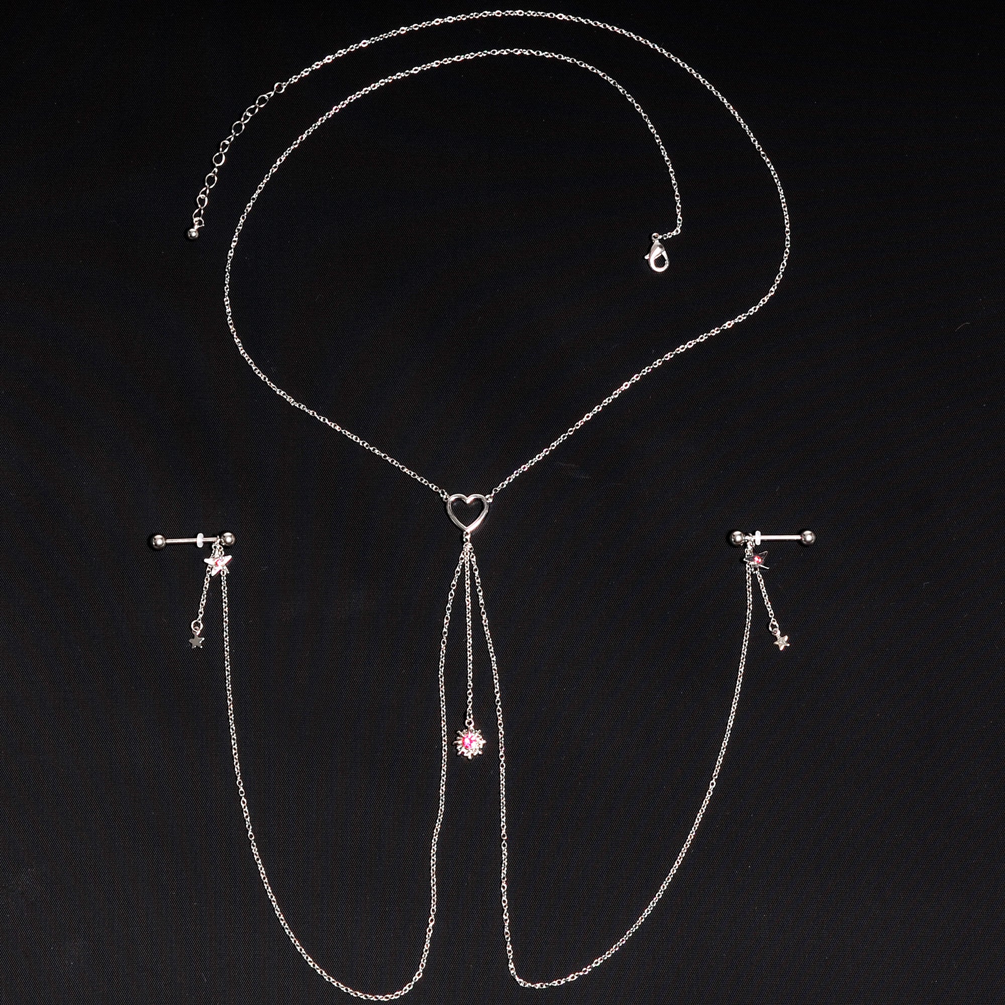 14G 5/8 Pink Gem Sun Heart Star Nipple Chain Necklace - Image 3