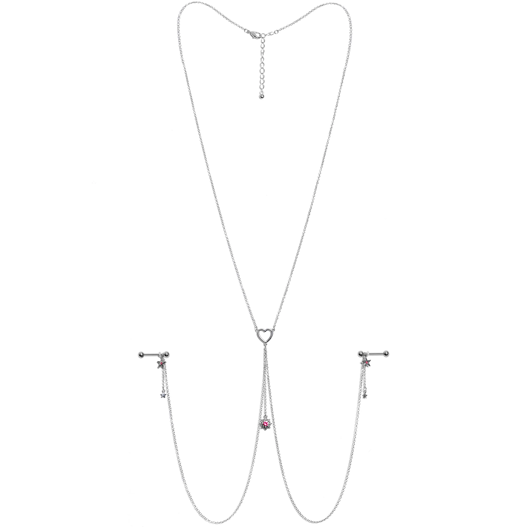 14G 5/8 Pink Gem Sun Heart Star Nipple Chain Necklace - Image 5