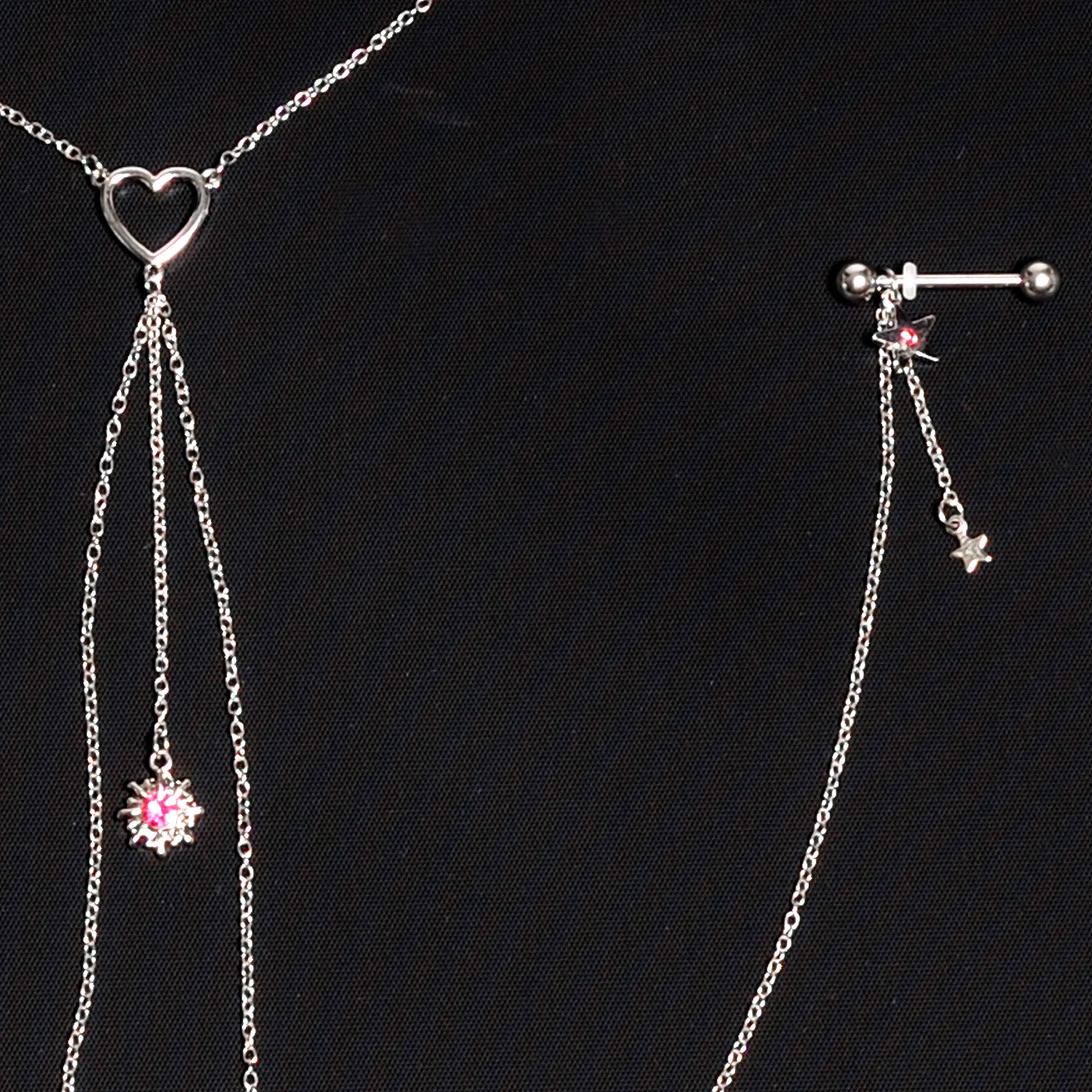 14G 5/8 Pink Gem Sun Heart Star Nipple Chain Necklace - Image 6