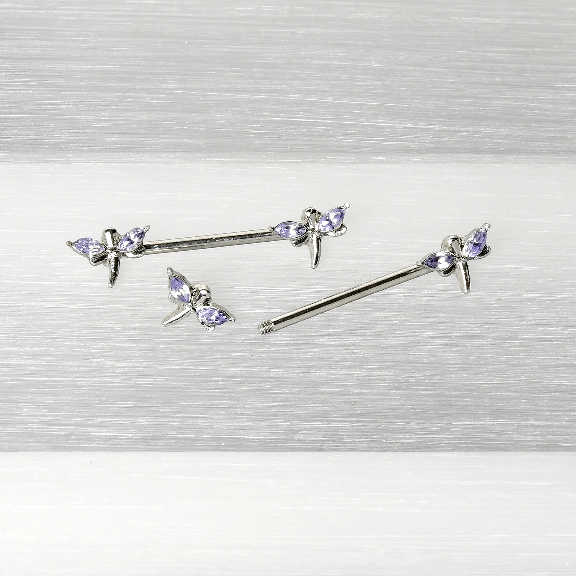 14G 5/8 Purple Gem Simple Styled Dragonfly Barbell Nipple Ring Set - Image 6