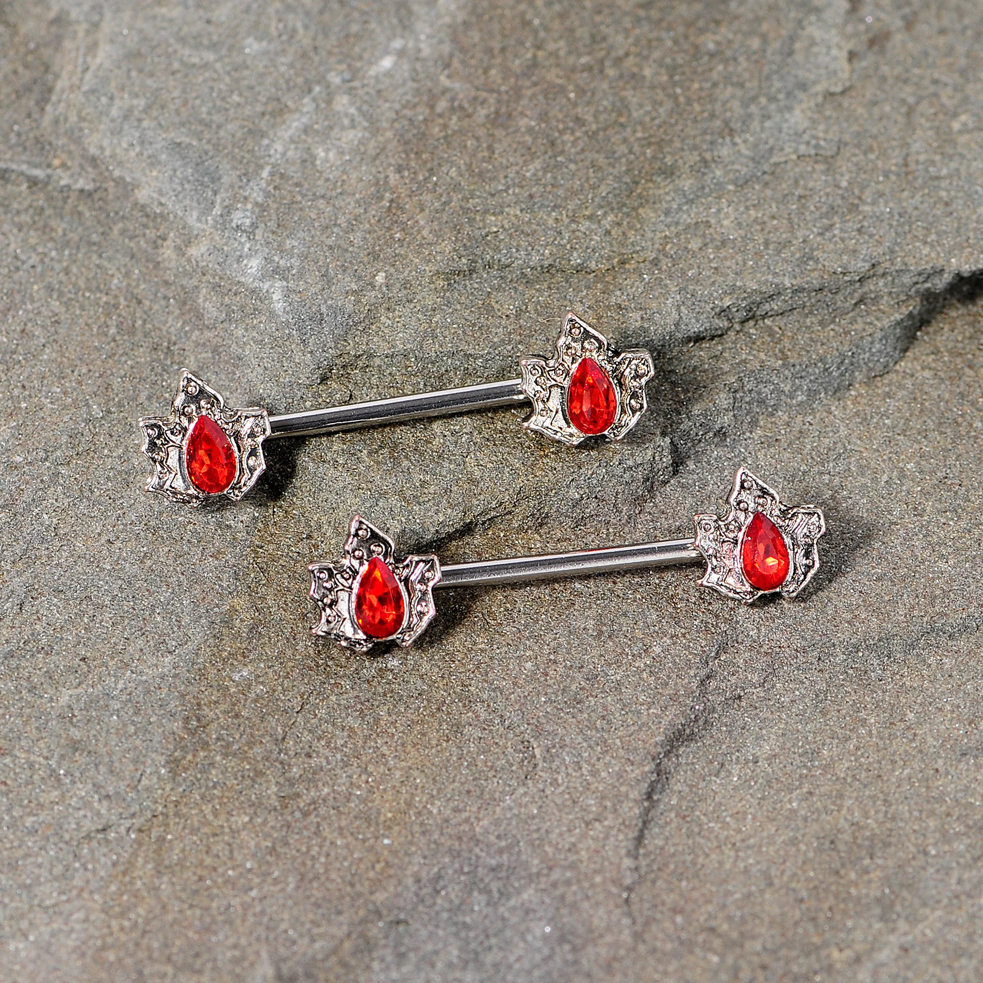 14G 5/8 Red Gem Holly Leaf Holiday Barbell Nipple Ring Set - Image 3