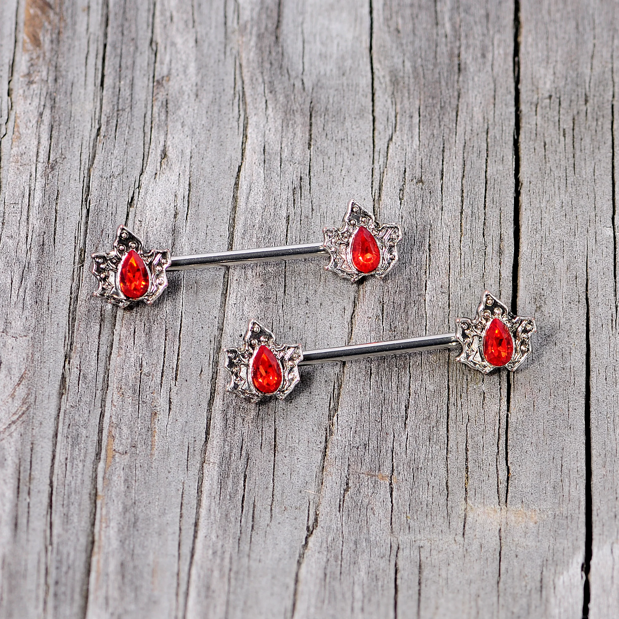 14G 5/8 Red Gem Holly Leaf Holiday Barbell Nipple Ring Set - Image 4