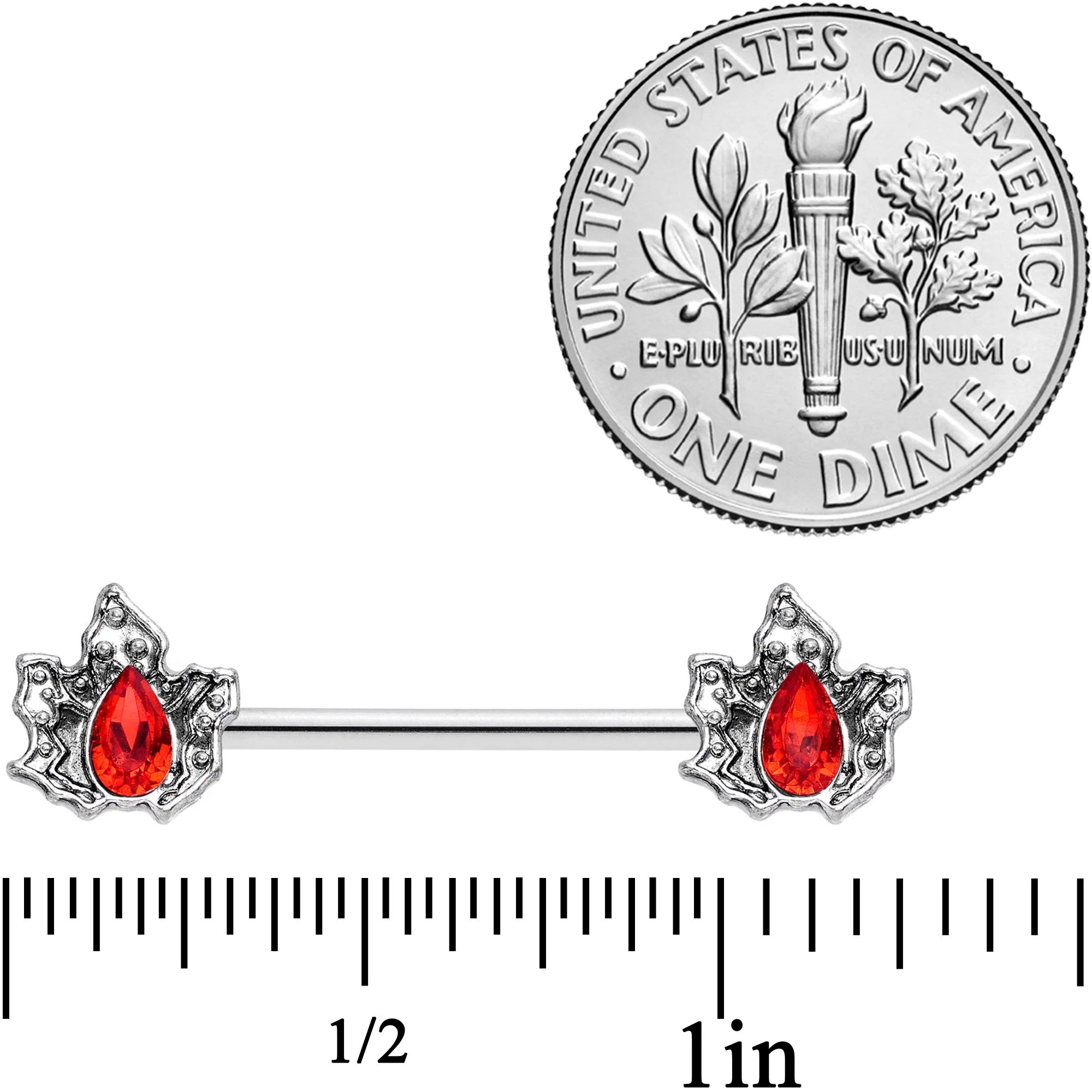 14G 5/8 Red Gem Holly Leaf Holiday Barbell Nipple Ring Set - Image 6