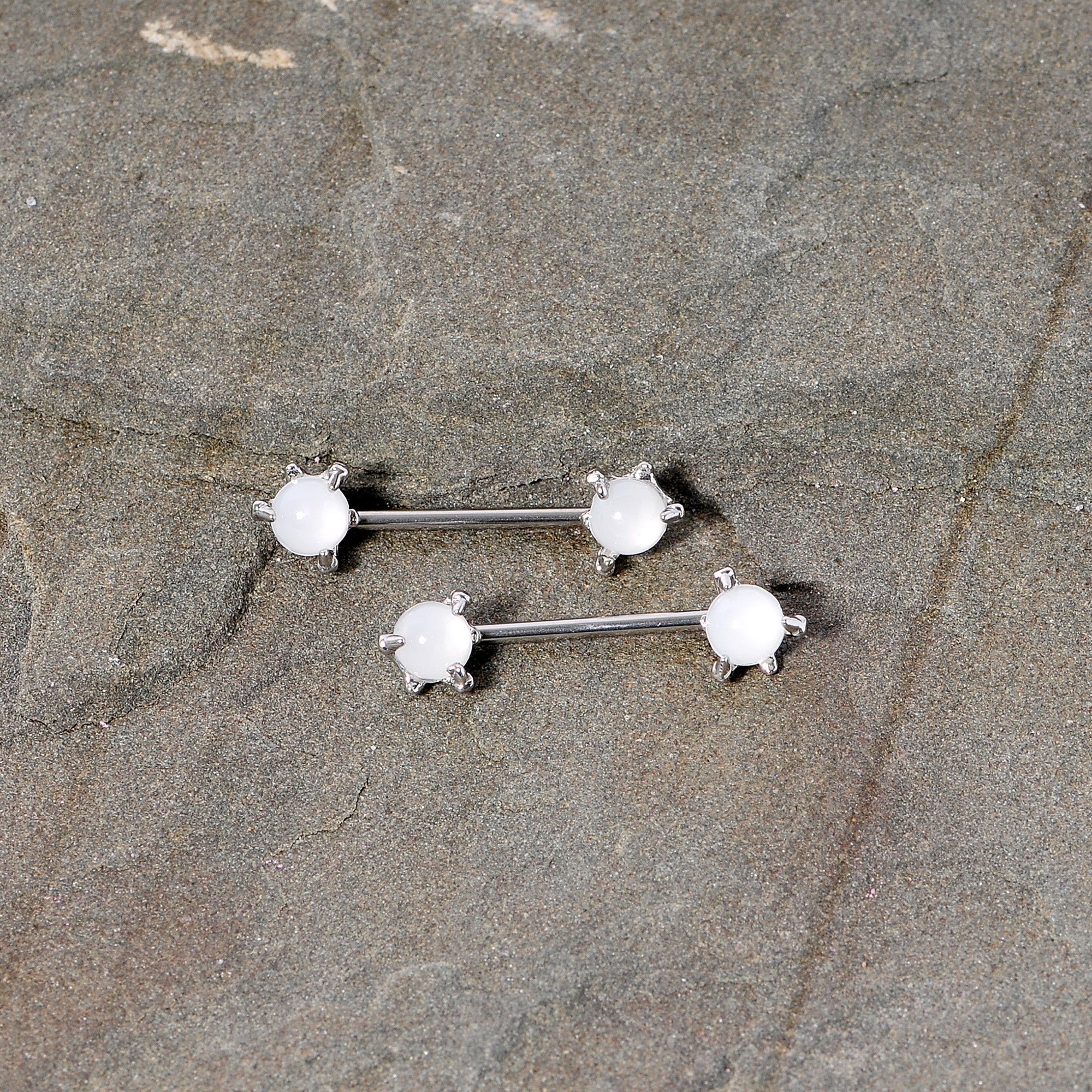 14G 5/8 White Faux Opal Dragon Claw Barbell Nipple Ring Set - Image 2