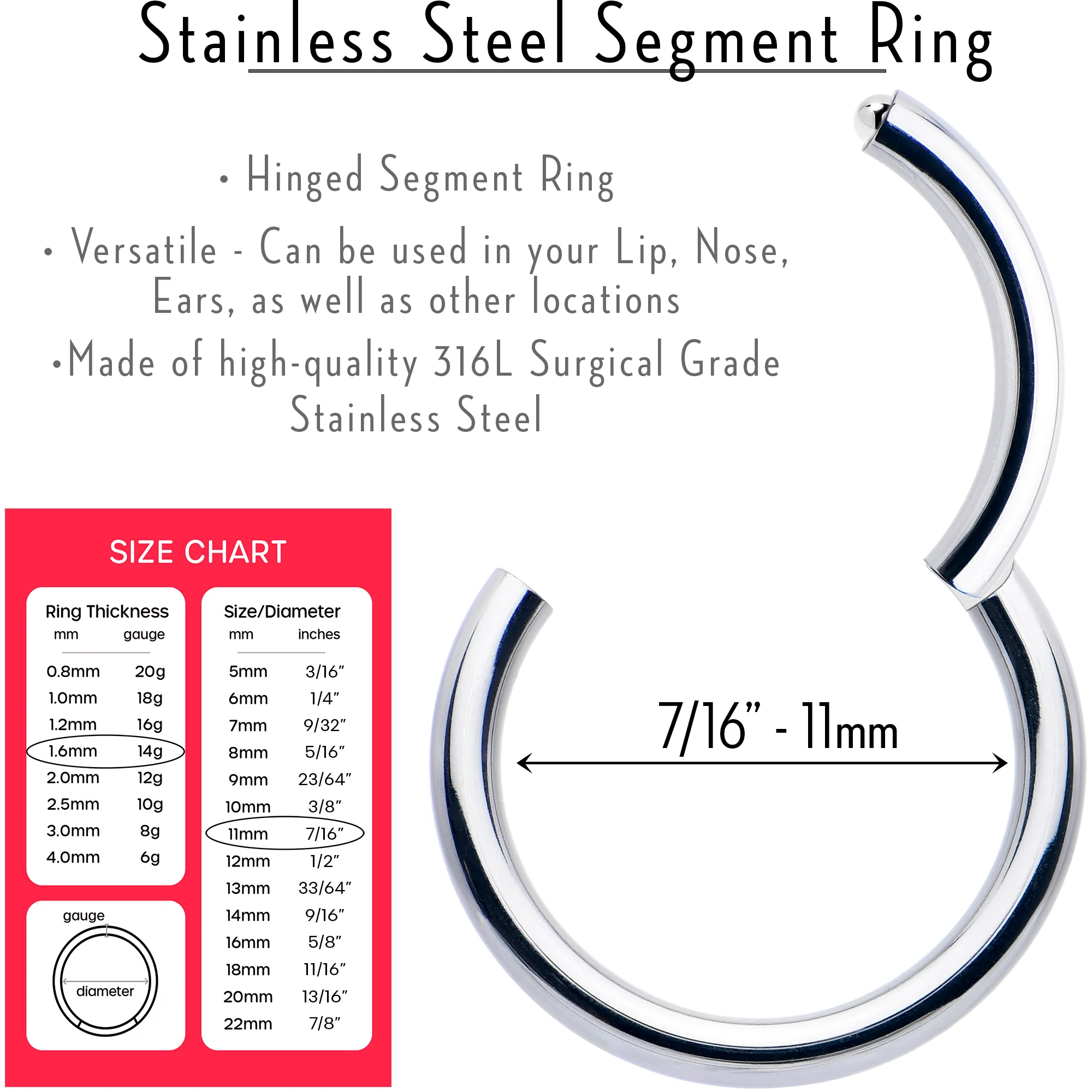 14G 7/16 316L Surgical Steel Precision Hinged Segment Hoop - Image 3
