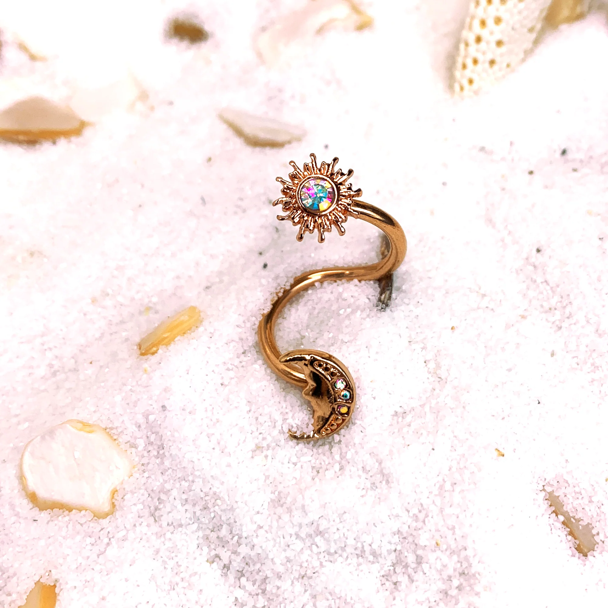 14G 7/16 Aurora Gem Rose Gold Tone Moon Spiral Twister Belly Ring - Image 3