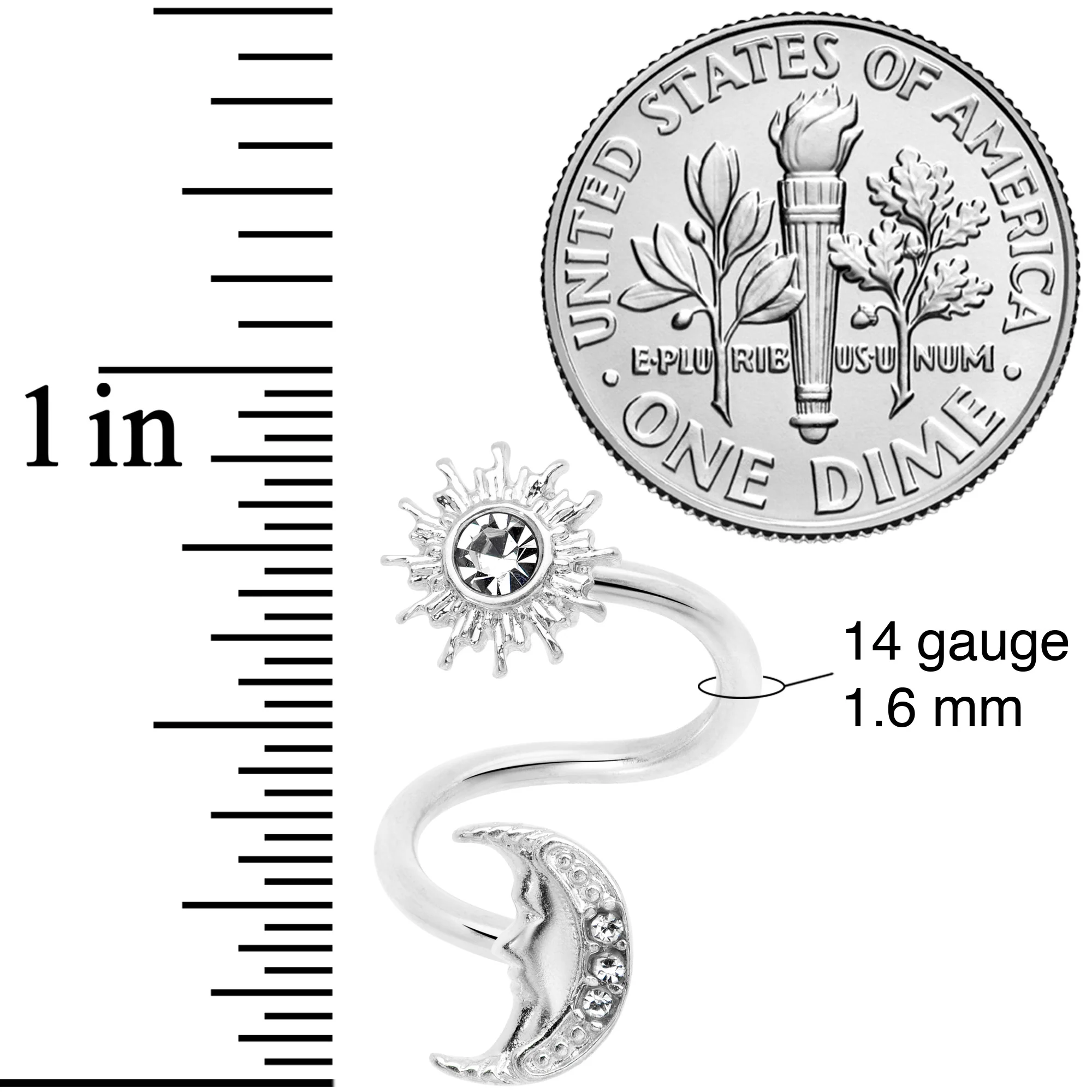 14G 7/16 Clear Gem Moon Spiral Twister Belly Ring - Image 2