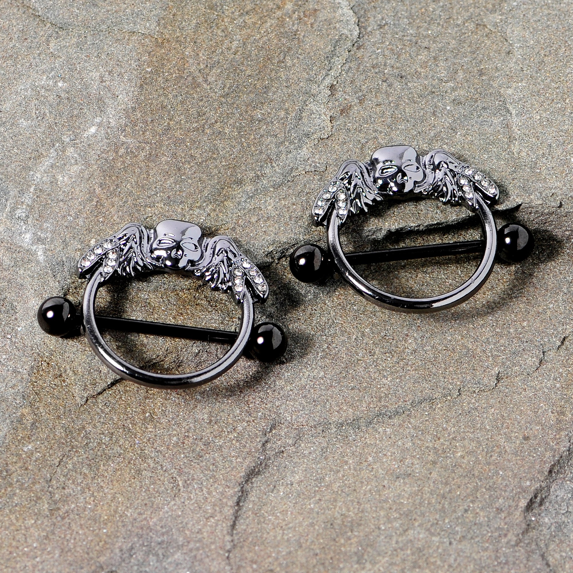 14G 7/8 Clear Gem Black Winged Skull Halloween Nipple Shield Set - Image 3