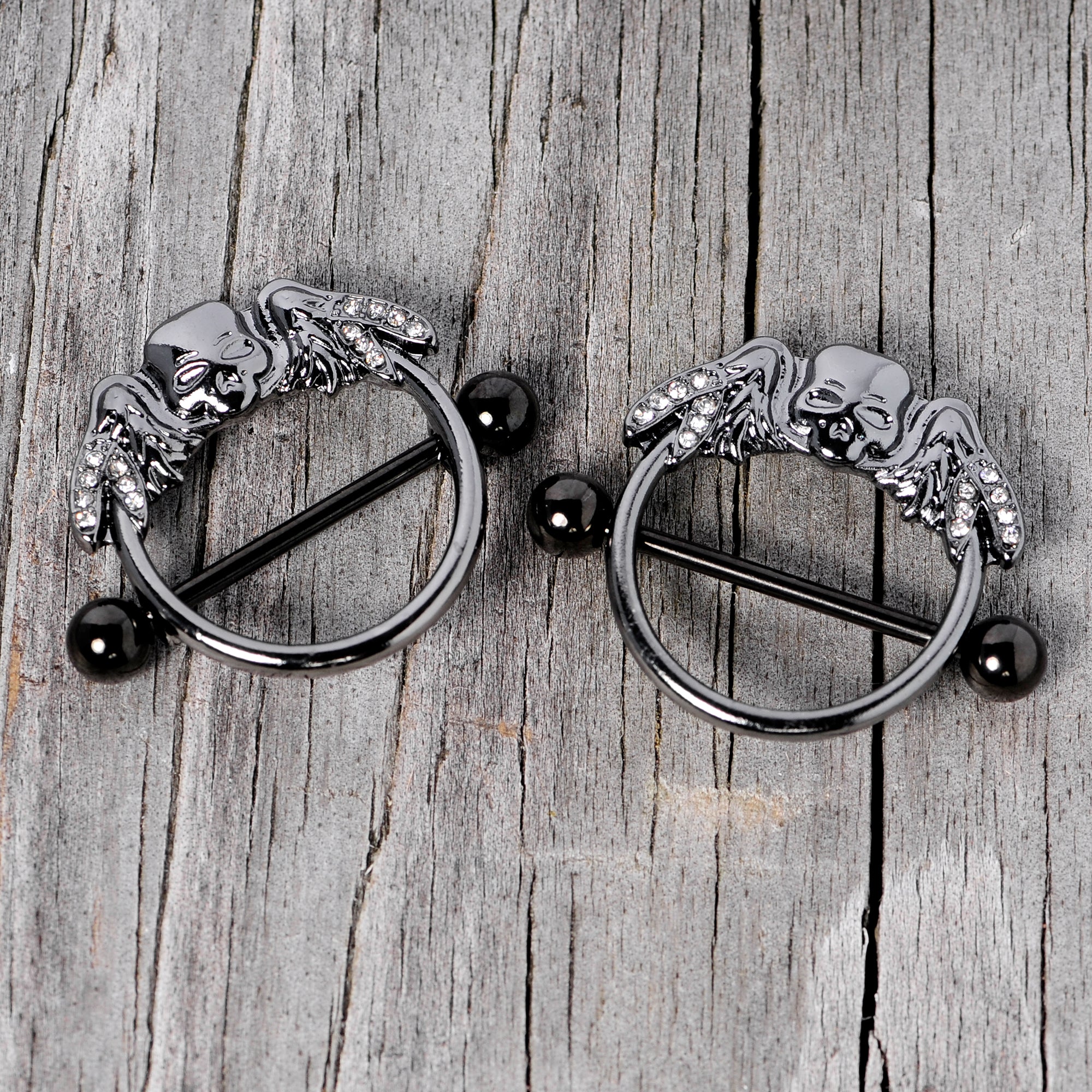 14G 7/8 Clear Gem Black Winged Skull Halloween Nipple Shield Set - Image 4