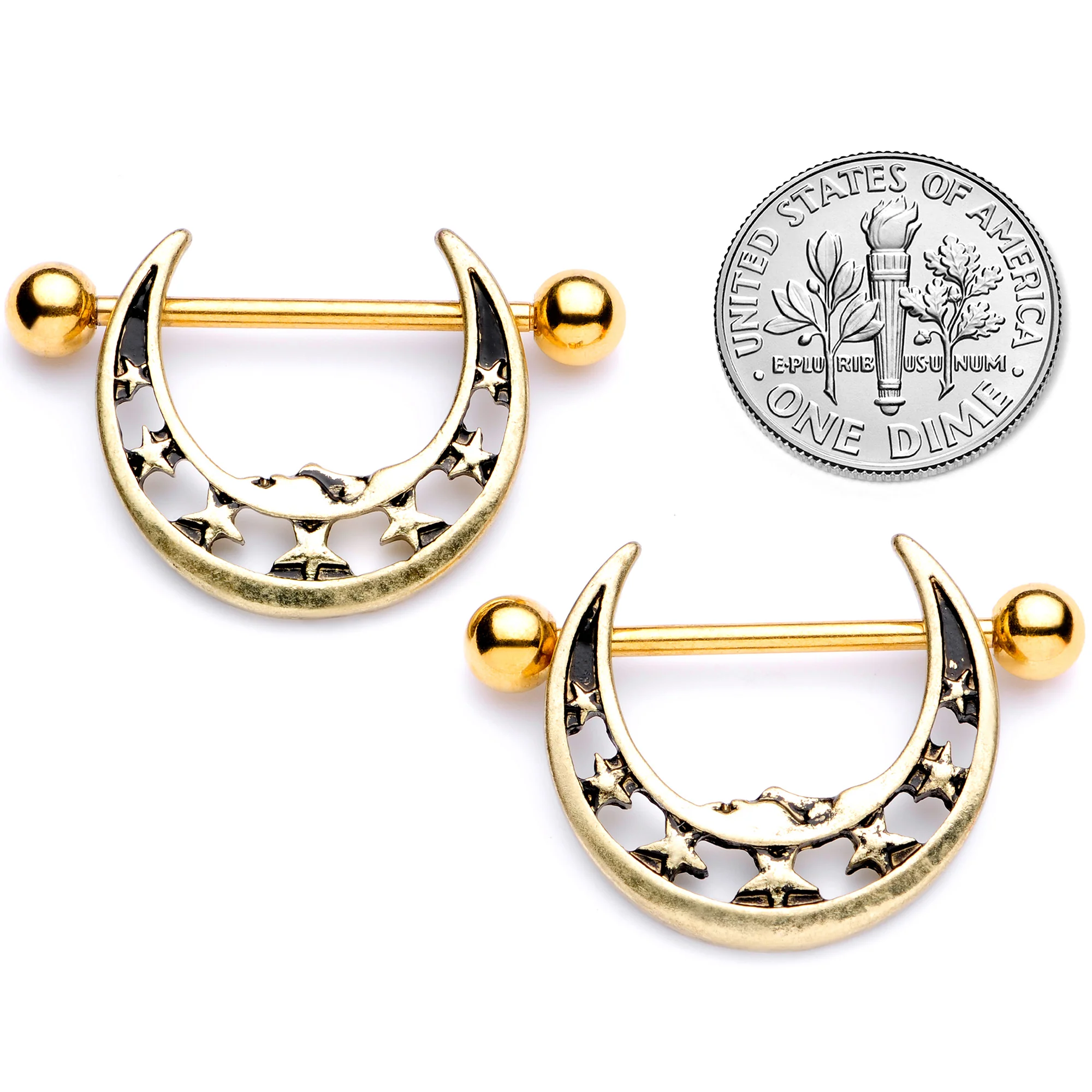 14G 7/8 Gold Tone Starry Crescent Moon Nipple Shield Set - Image 4