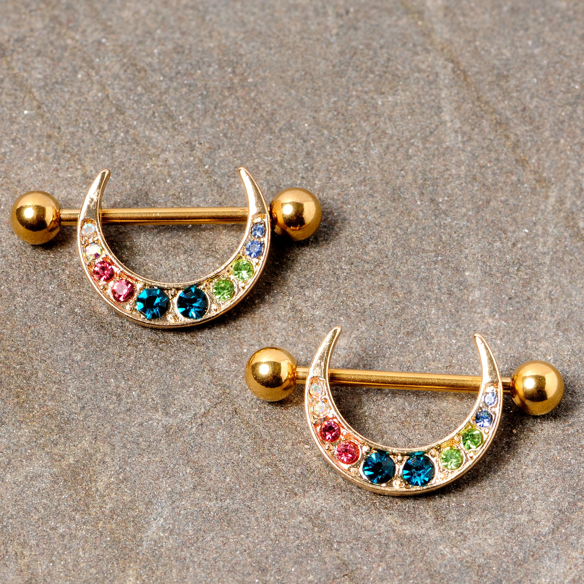 14G 7/8 Multicolor Gem Gold Tone Crescent Nipple Shield Set - Image 2