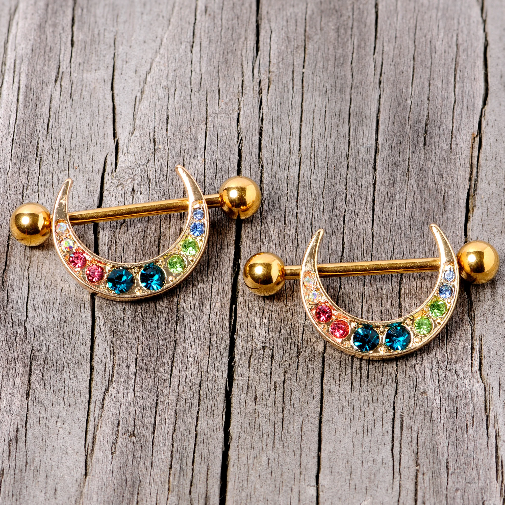 14G 7/8 Multicolor Gem Gold Tone Crescent Nipple Shield Set - Image 3