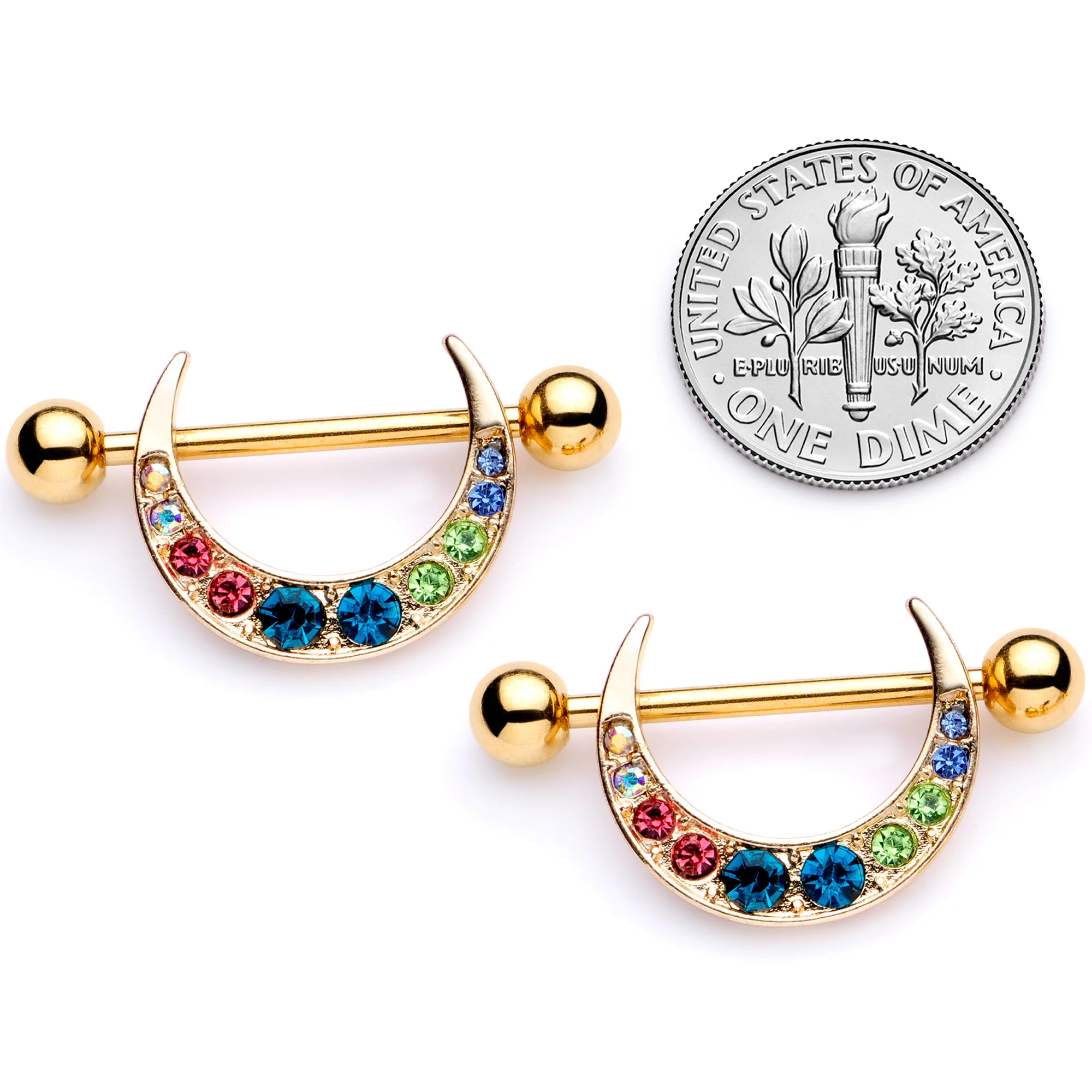 14G 7/8 Multicolor Gem Gold Tone Crescent Nipple Shield Set - Image 4