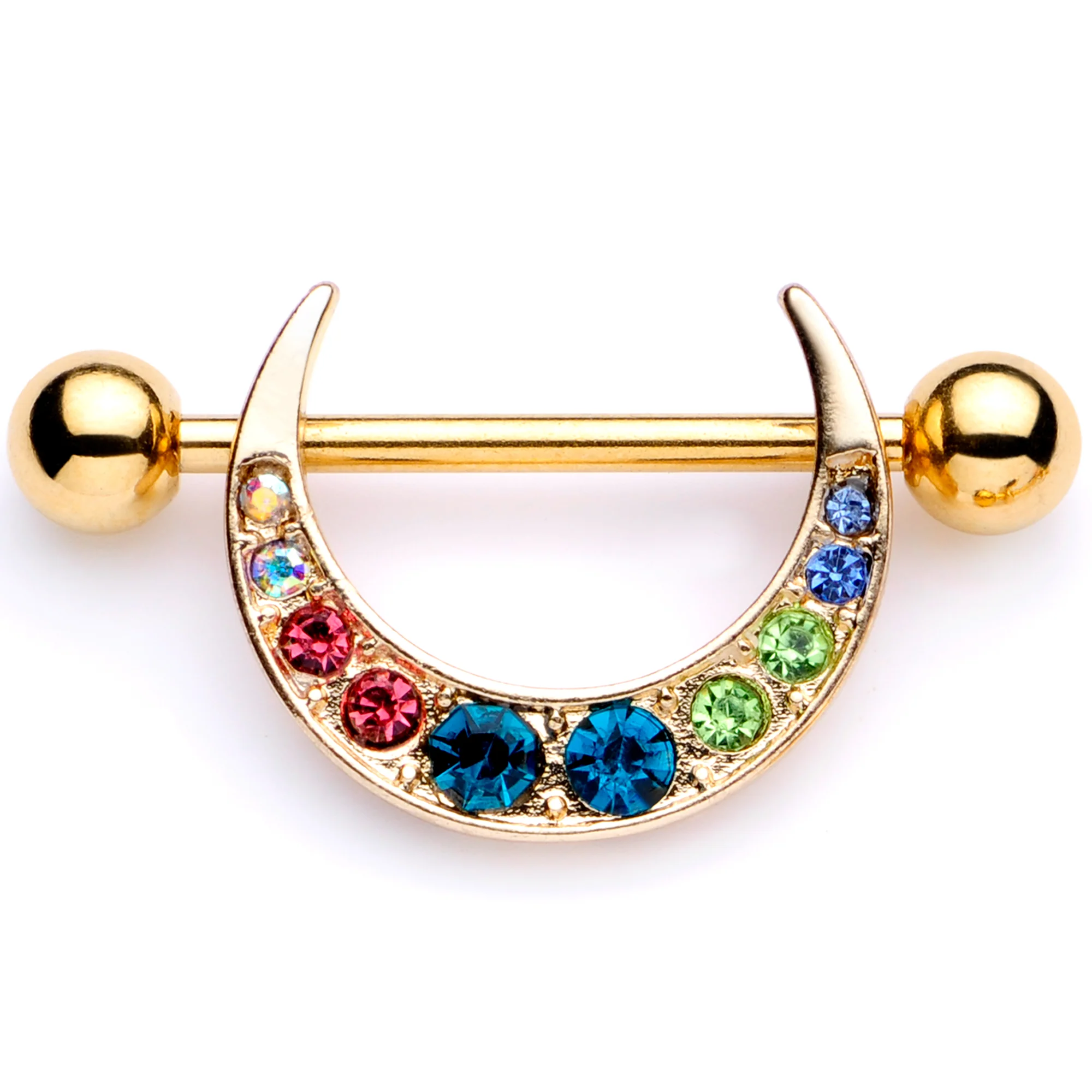 14G 7/8 Multicolor Gem Gold Tone Crescent Nipple Shield Set - Image 5