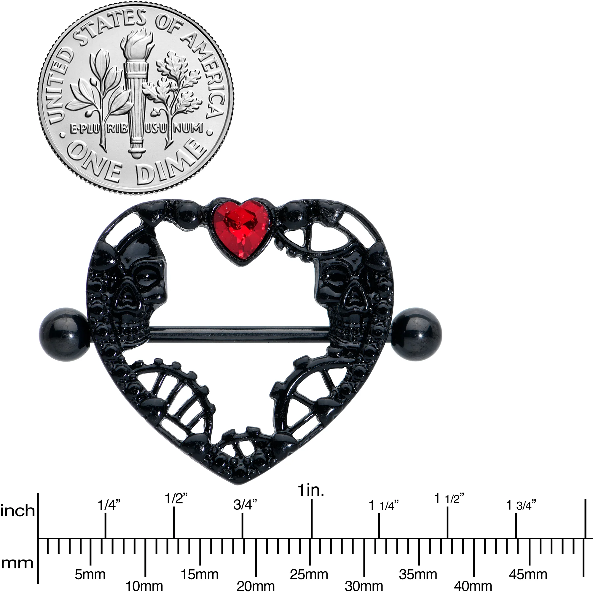 14G 7/8 Red Gem Black Skeleton Steampunk Heart Nipple Shield Set - Image 3
