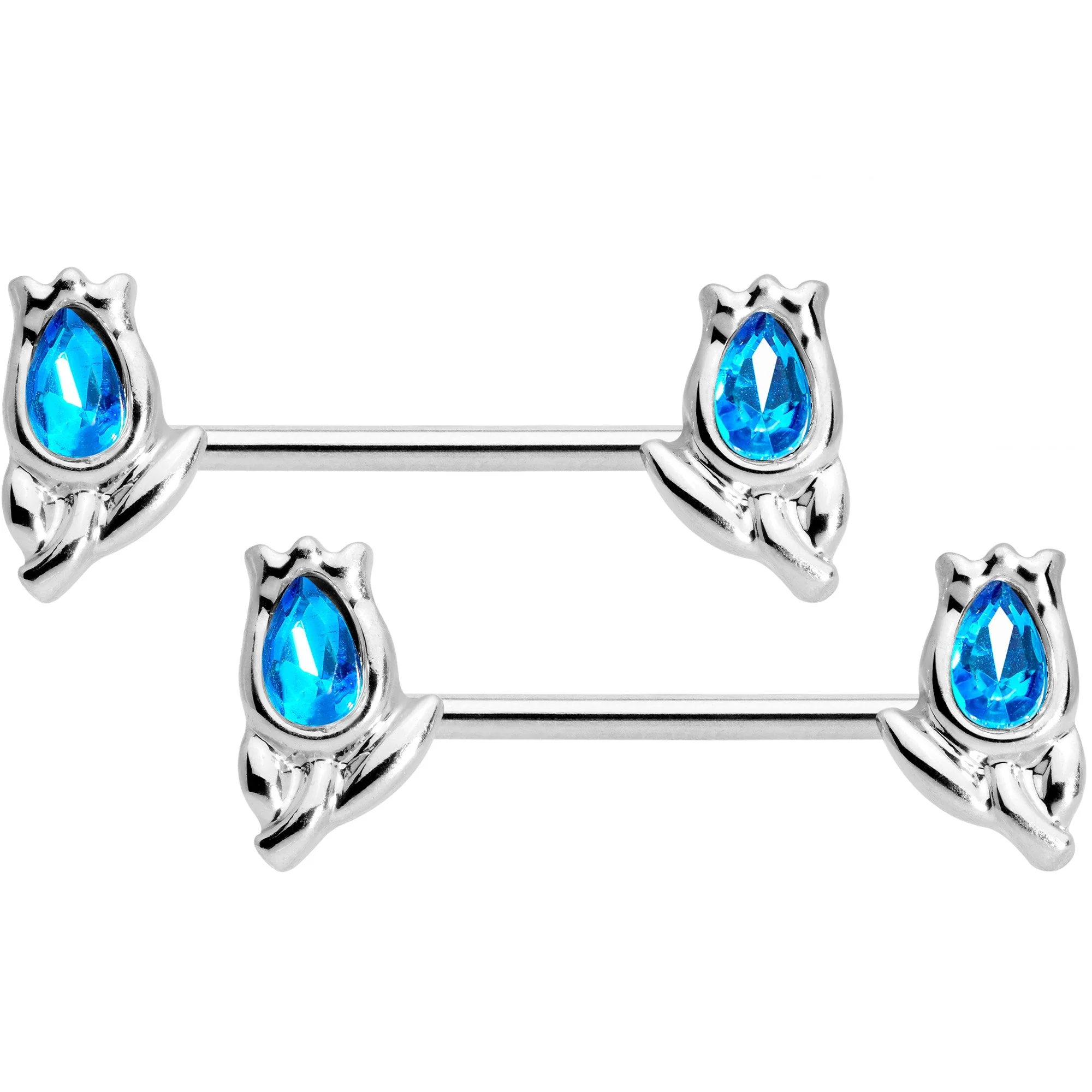 14G 7/16 1/2 Aqua Gem Flowers BCR Barbell Nipple Ring Set of 4 - Image 2