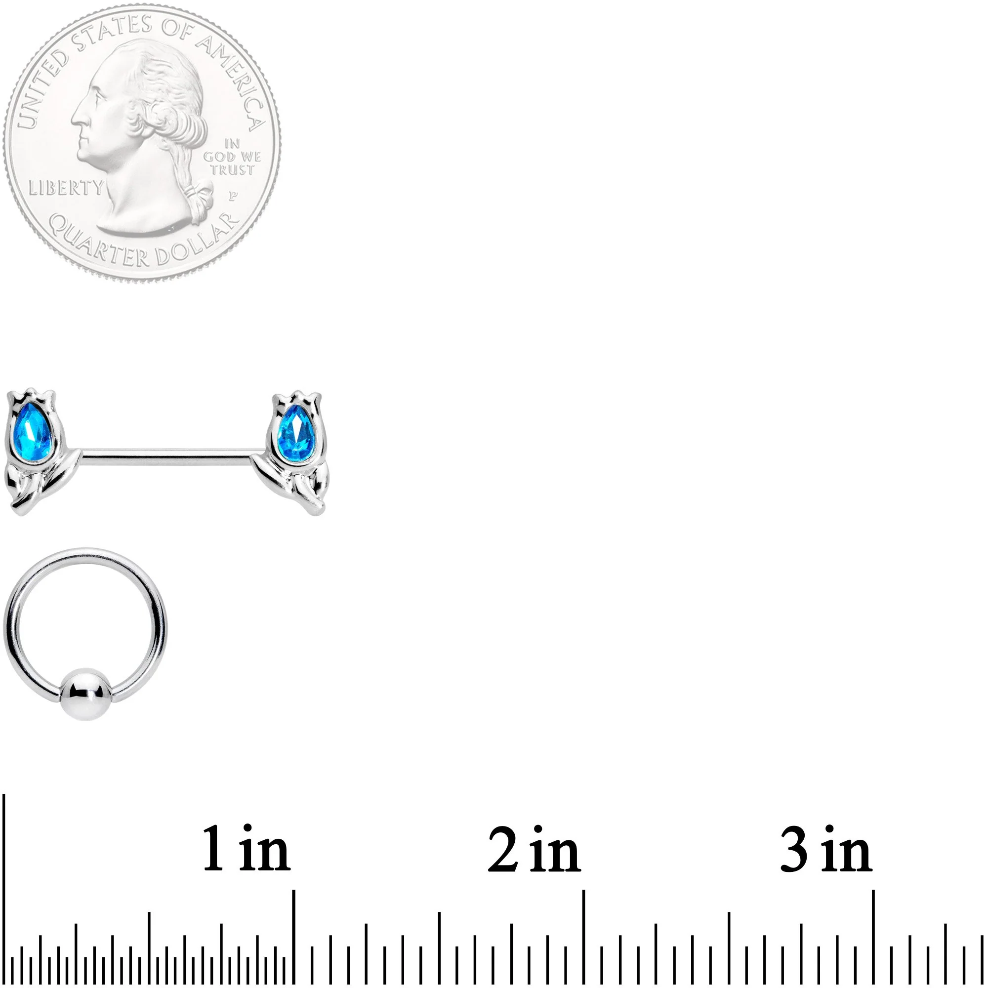 14G 7/16 1/2 Aqua Gem Flowers BCR Barbell Nipple Ring Set of 4 - Image 4
