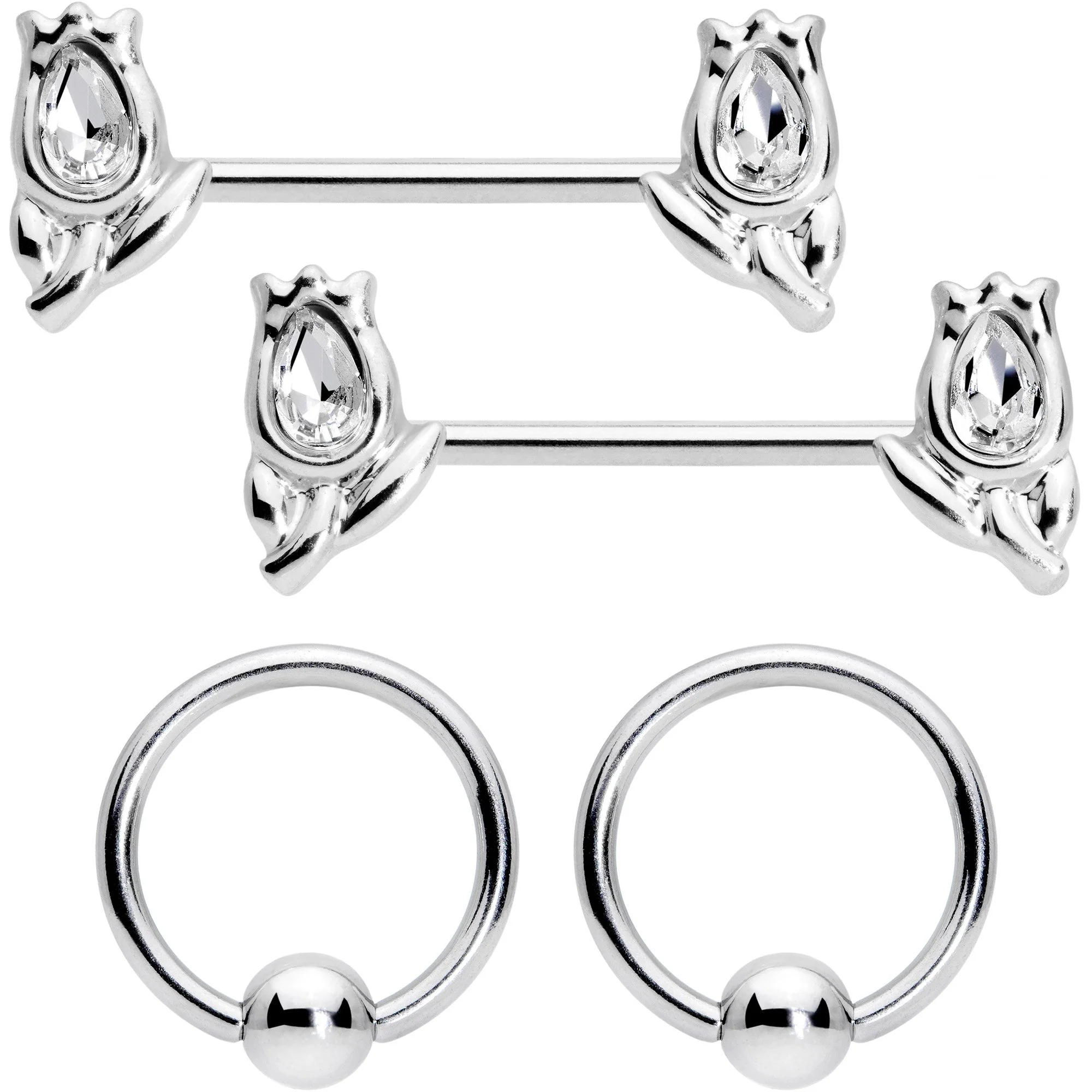 14G 7/16 1/2 Clear Gem Flowers BCR Barbell Nipple Ring Set of 4