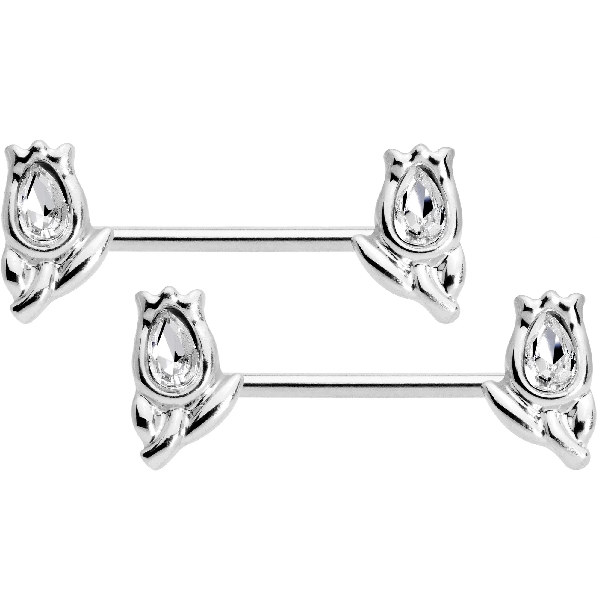 14G 7/16 1/2 Clear Gem Flowers BCR Barbell Nipple Ring Set of 4 - Image 2