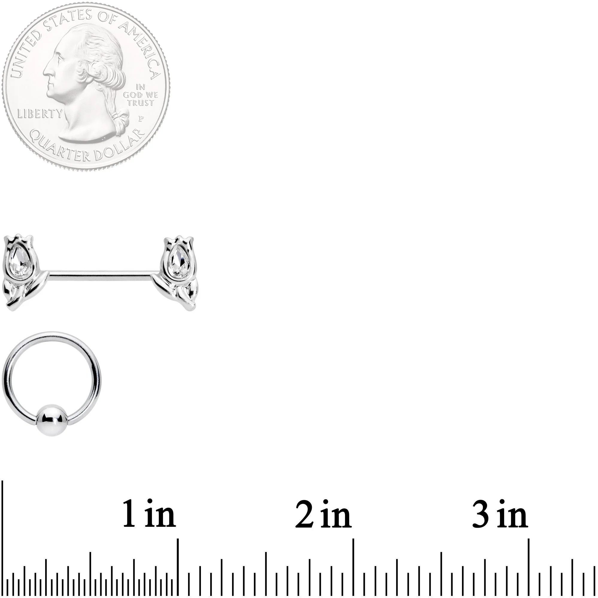 14G 7/16 1/2 Clear Gem Flowers BCR Barbell Nipple Ring Set of 4 - Image 4