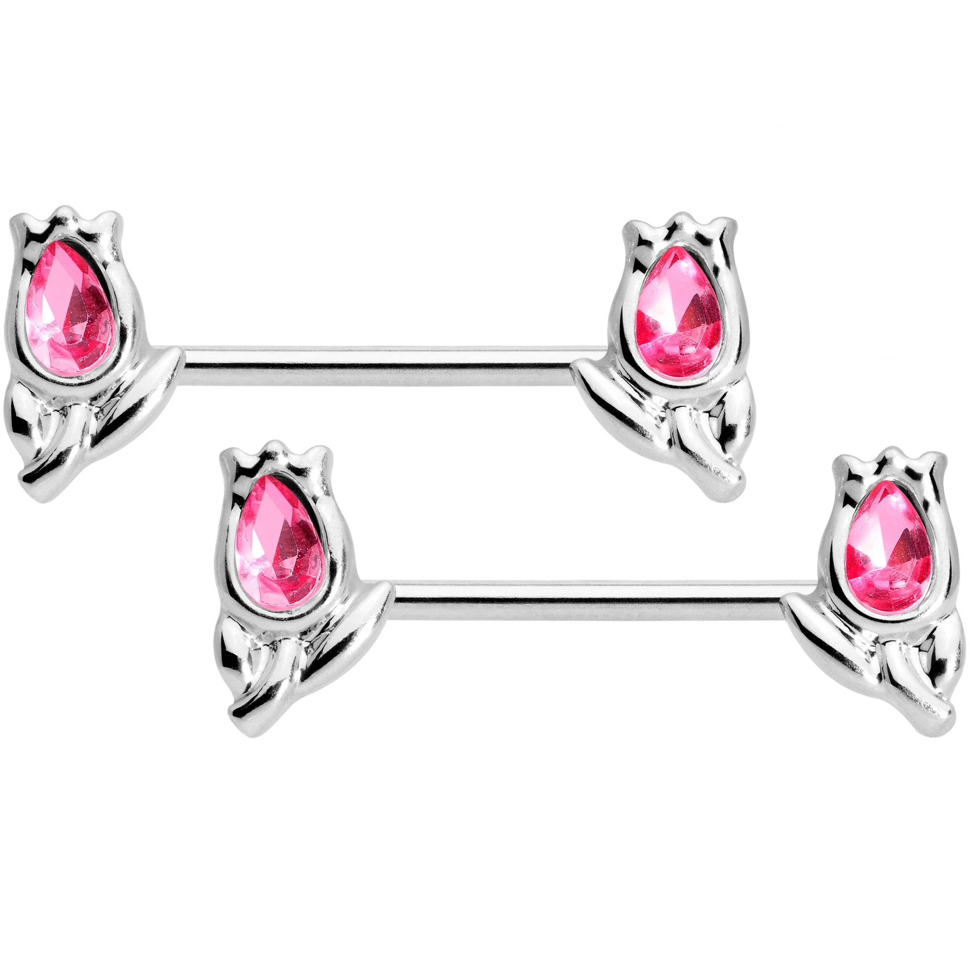 14G 7/16 1/2 Pink Gem Flowers BCR Barbell Nipple Ring Set of 4 - Image 2