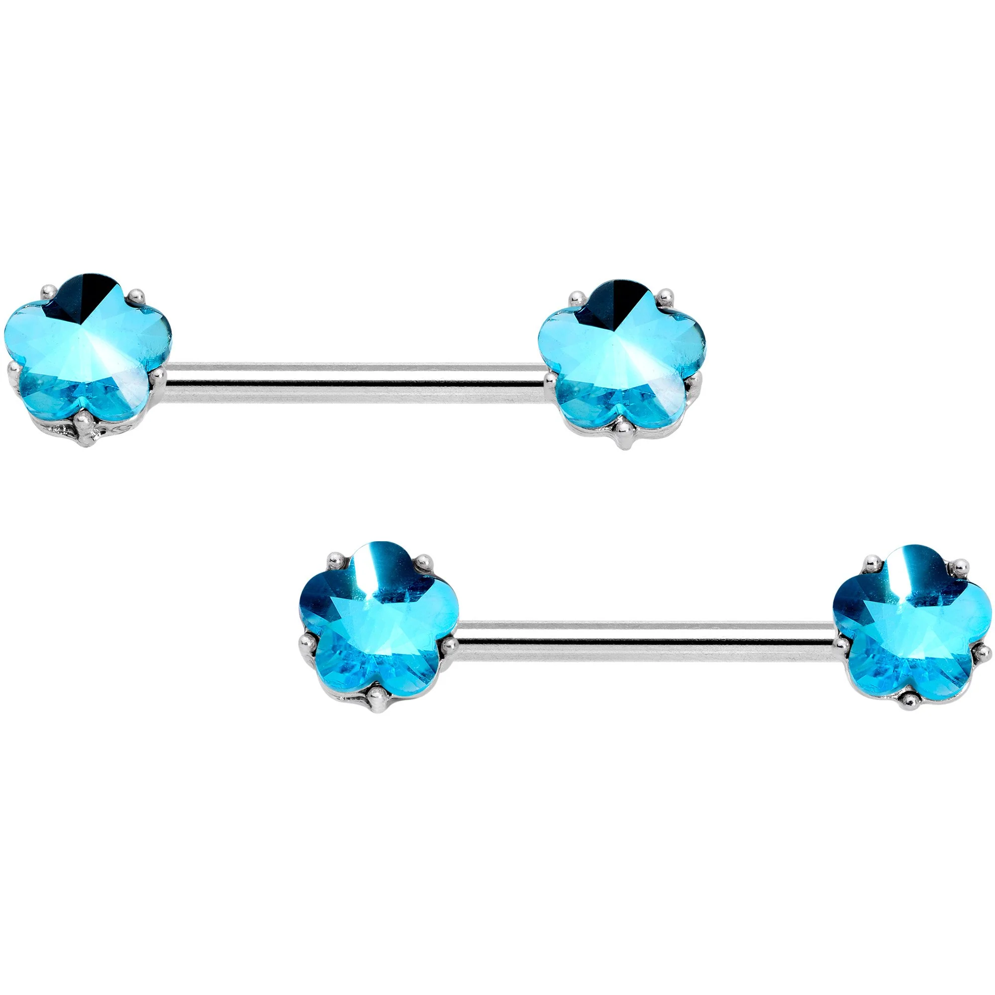 14G 9/16 1/2 Aqua Gem Flower Horseshoe Barbell Nipple Ring Set - Image 2