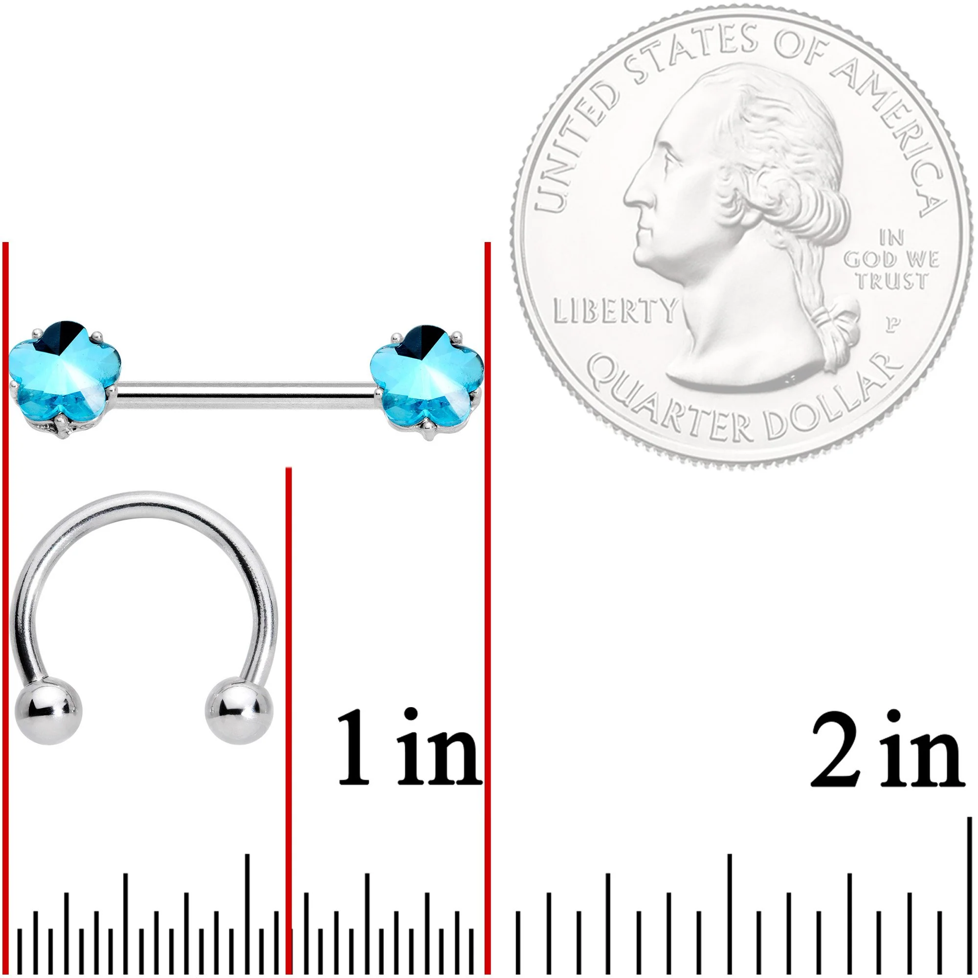 14G 9/16 1/2 Aqua Gem Flower Horseshoe Barbell Nipple Ring Set - Image 4
