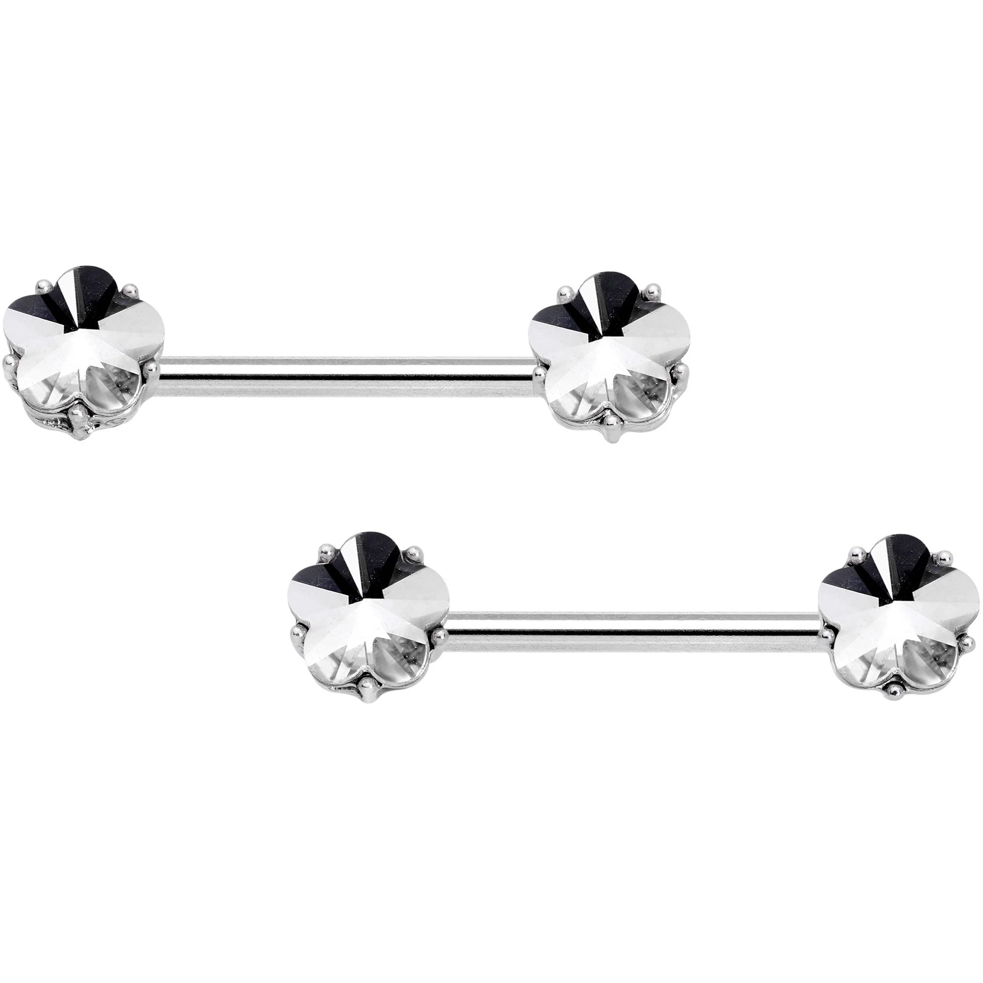 14G 9/16 1/2 Clear Gem Flower Horseshoe Barbell Nipple Ring Set - Image 2