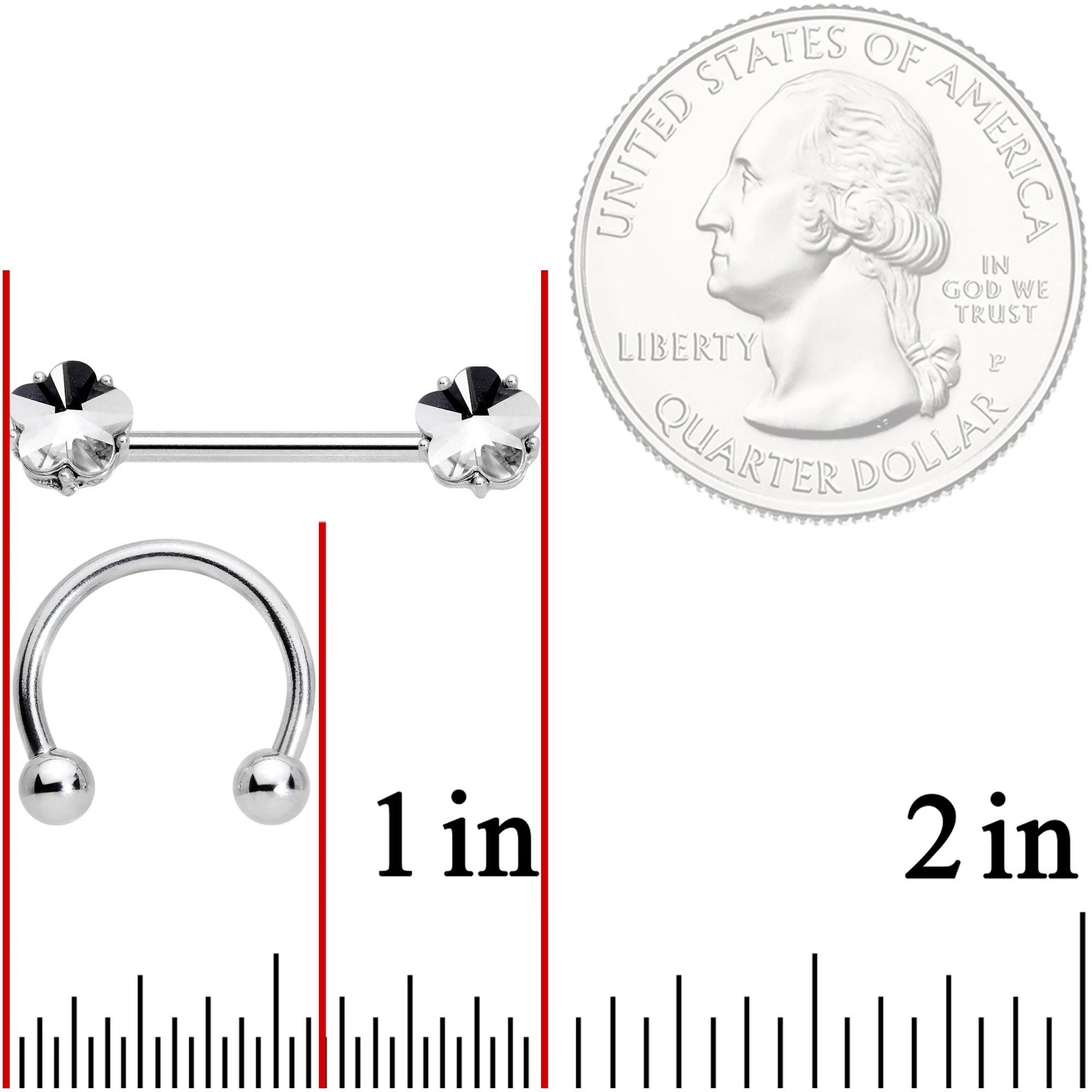 14G 9/16 1/2 Clear Gem Flower Horseshoe Barbell Nipple Ring Set - Image 4