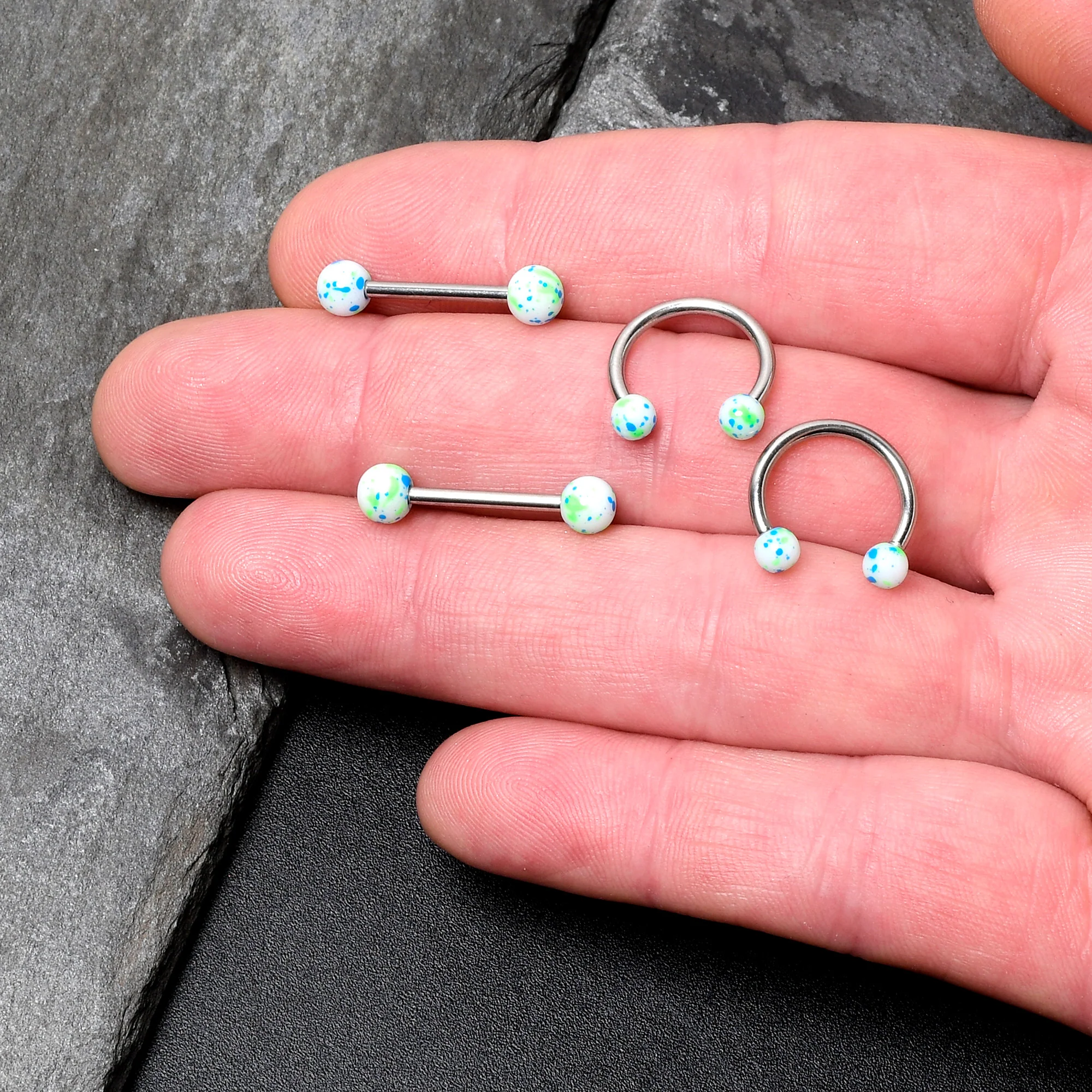 14G 9/16 1/2 Splatter Blue Green Barbell Horseshoe Nipple Ring Set of 4 - Image 2