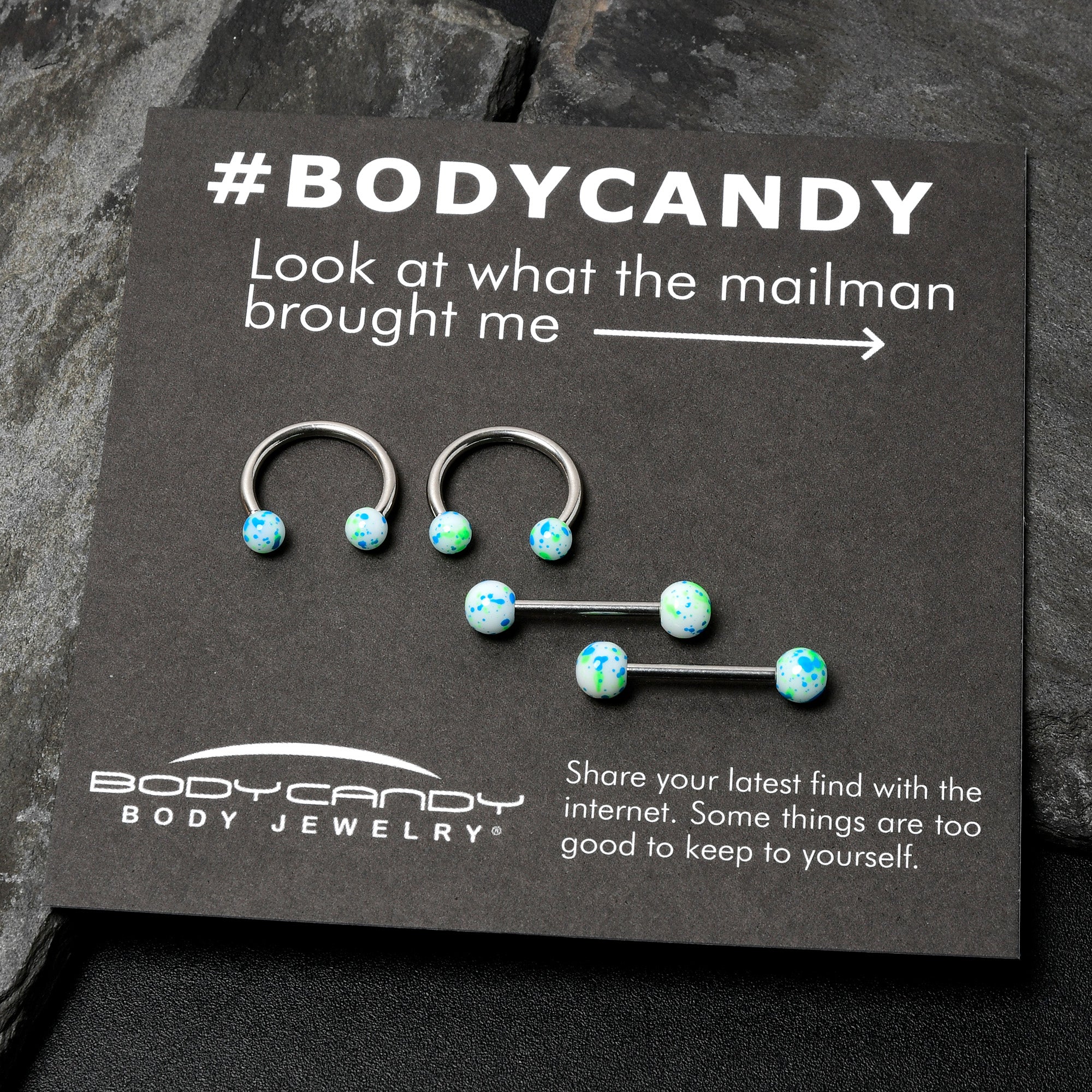 14G 9/16 1/2 Splatter Blue Green Barbell Horseshoe Nipple Ring Set of 4 - Image 5