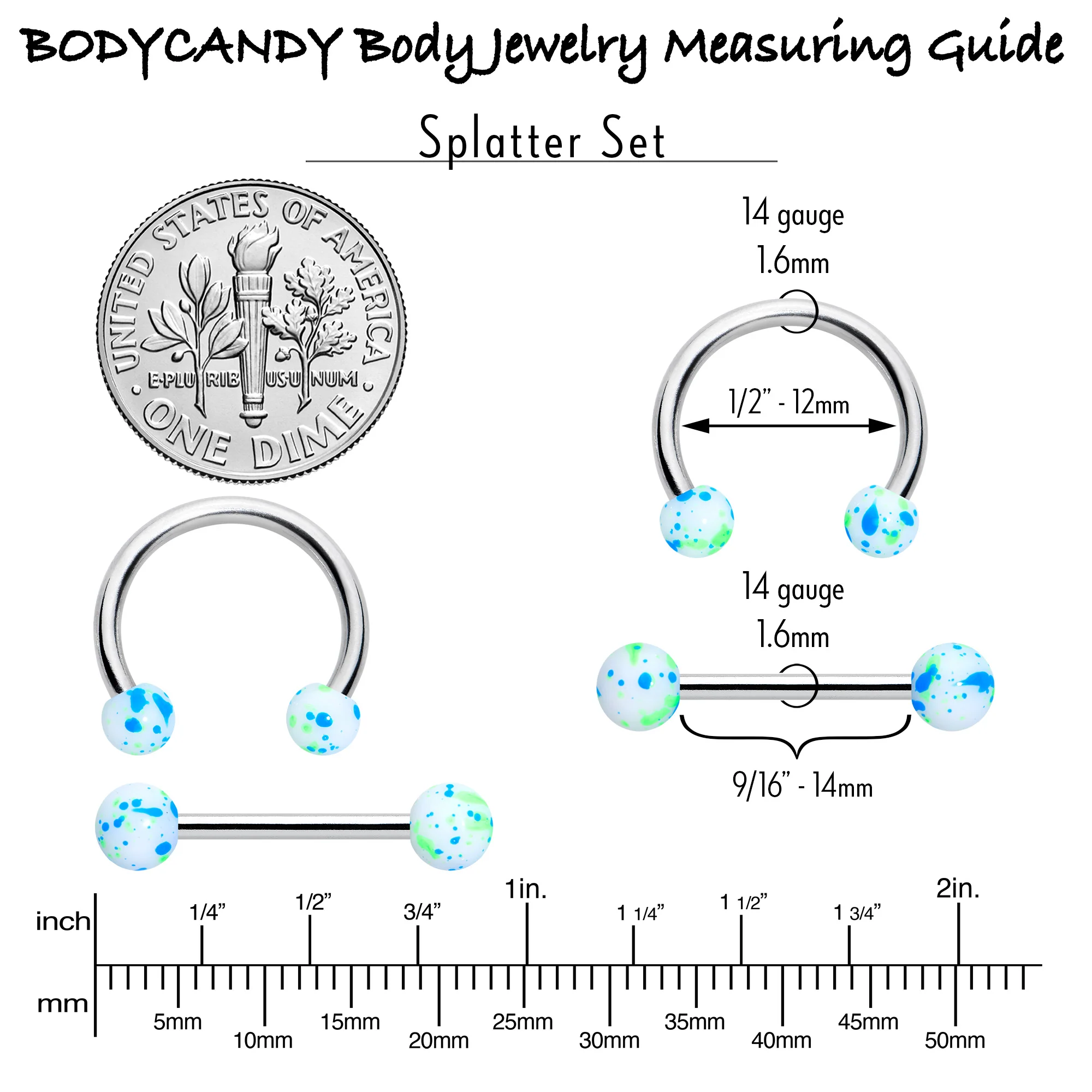14G 9/16 1/2 Splatter Blue Green Barbell Horseshoe Nipple Ring Set of 4 - Image 6