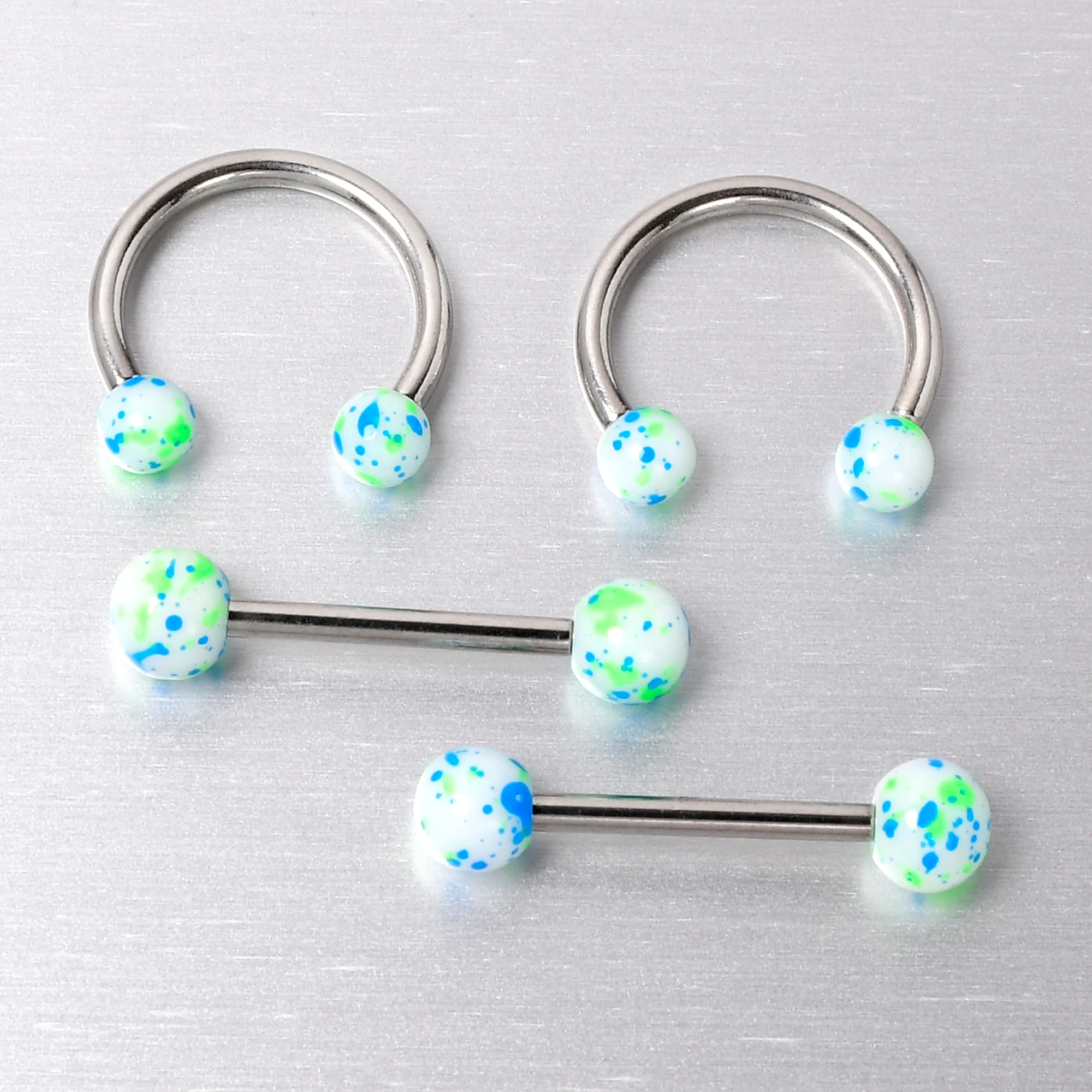 14G 9/16 1/2 Splatter Blue Green Barbell Horseshoe Nipple Ring Set of 4 - Image 7