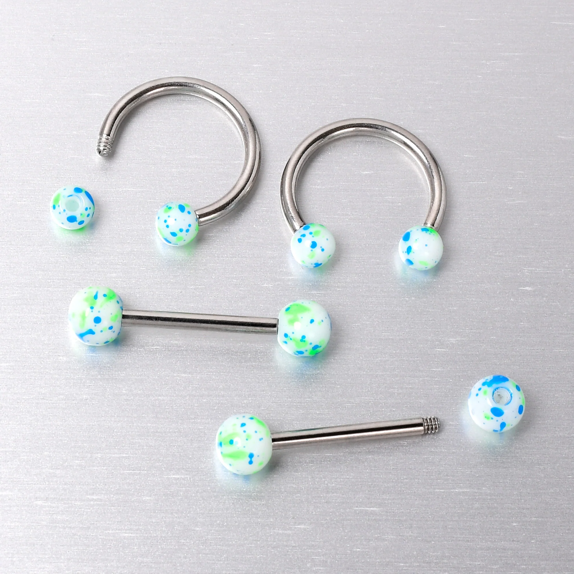 14G 9/16 1/2 Splatter Blue Green Barbell Horseshoe Nipple Ring Set of 4 - Image 8