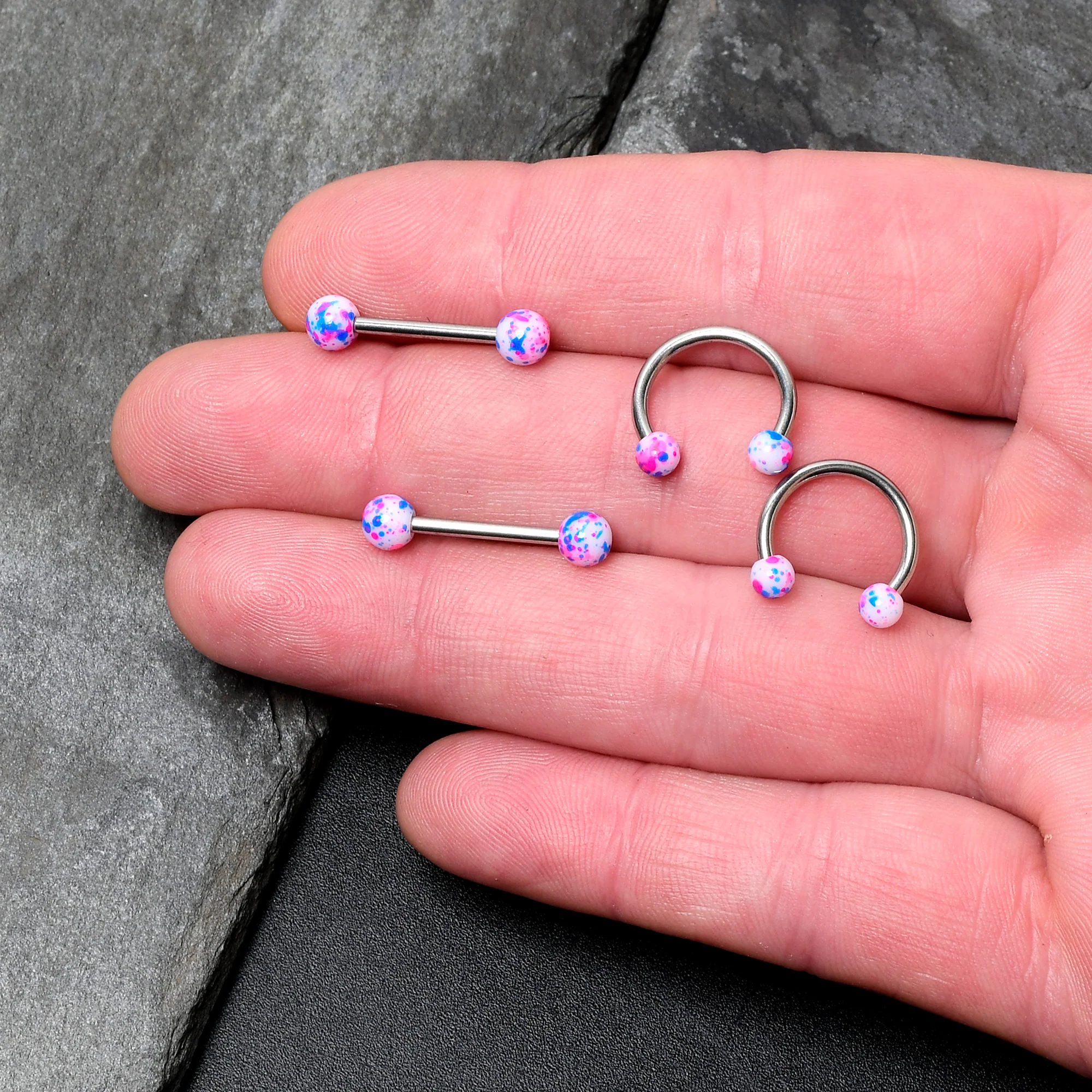 14G 9/16 1/2 Splatter Blue Pink Barbell Horseshoe Nipple Ring Set of 4 - Image 2